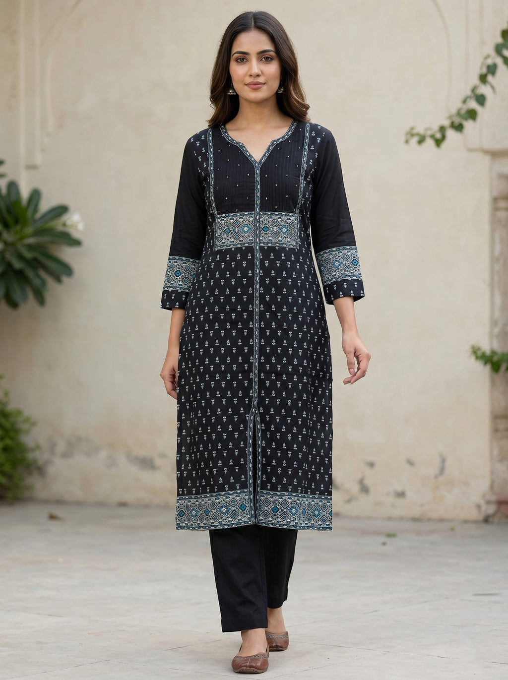 Black V NeckPrinted Kurti