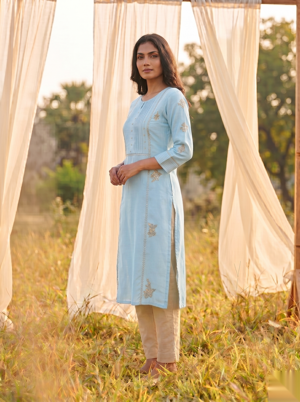 Floral Embroidered Kurti - Ocean Blue