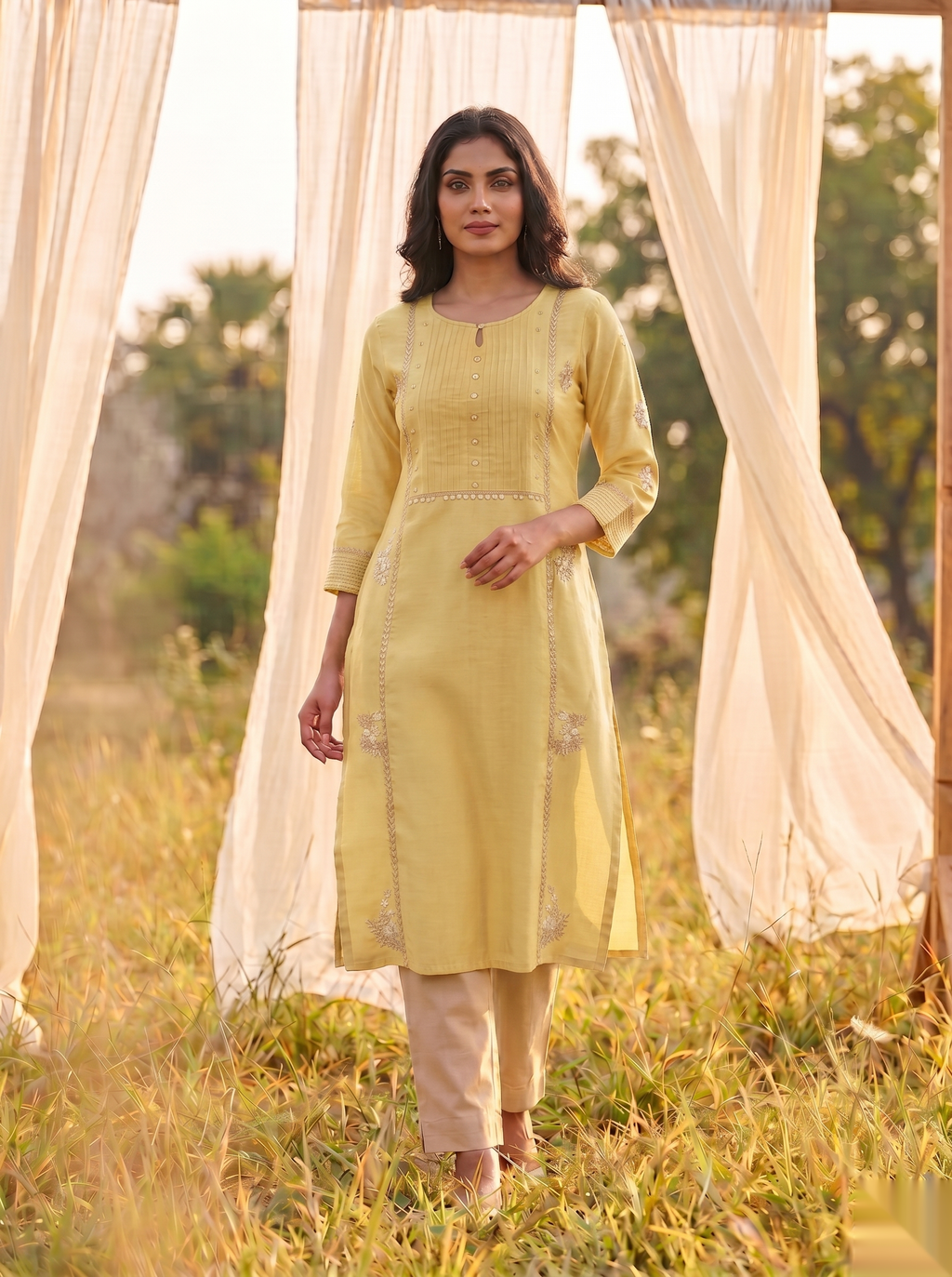 Floral Embroidered Kurti - Royal yellow