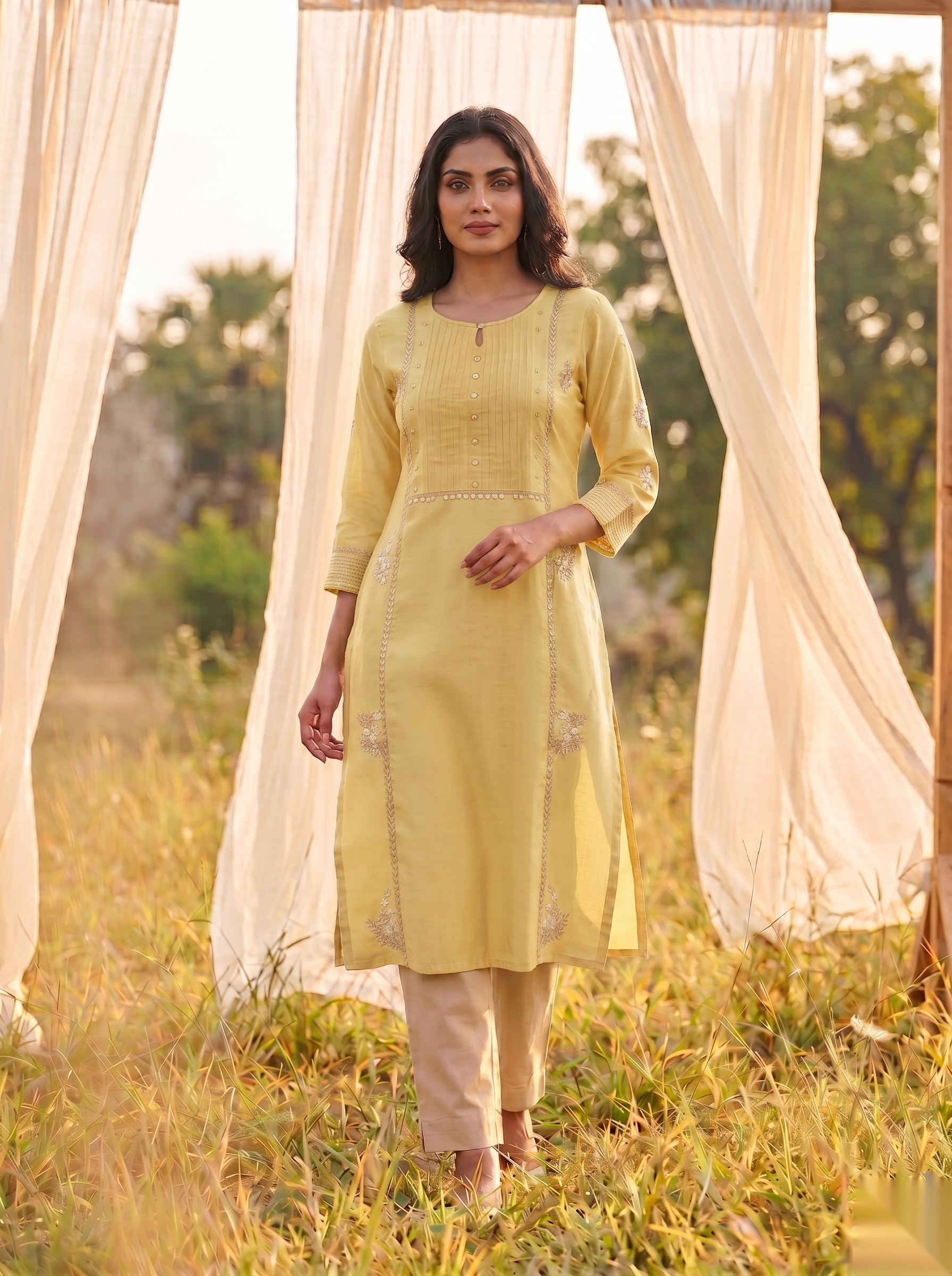Floral Embroidered Kurti - Royal yellow