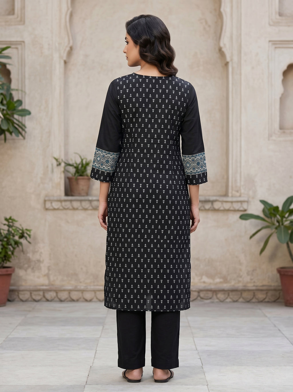 Black  V Neck white Embriodery Kurti