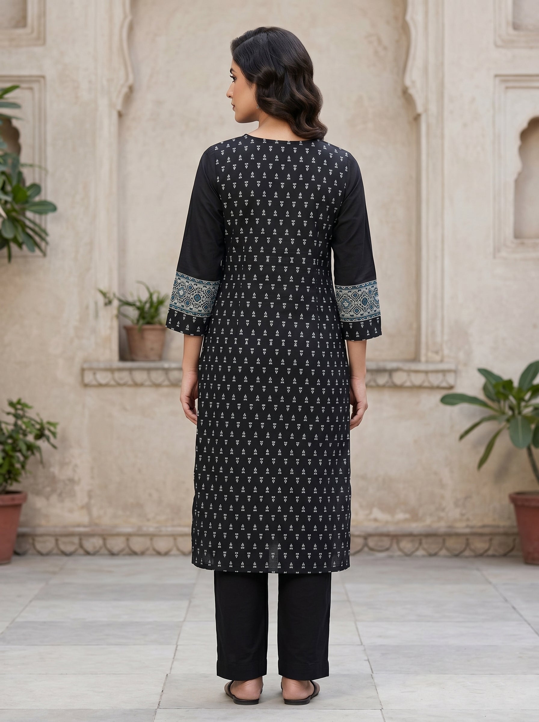 Black  V Neck white Embriodery Kurti