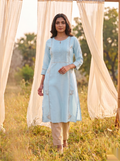 Floral Embroidered Kurti - Ocean Blue