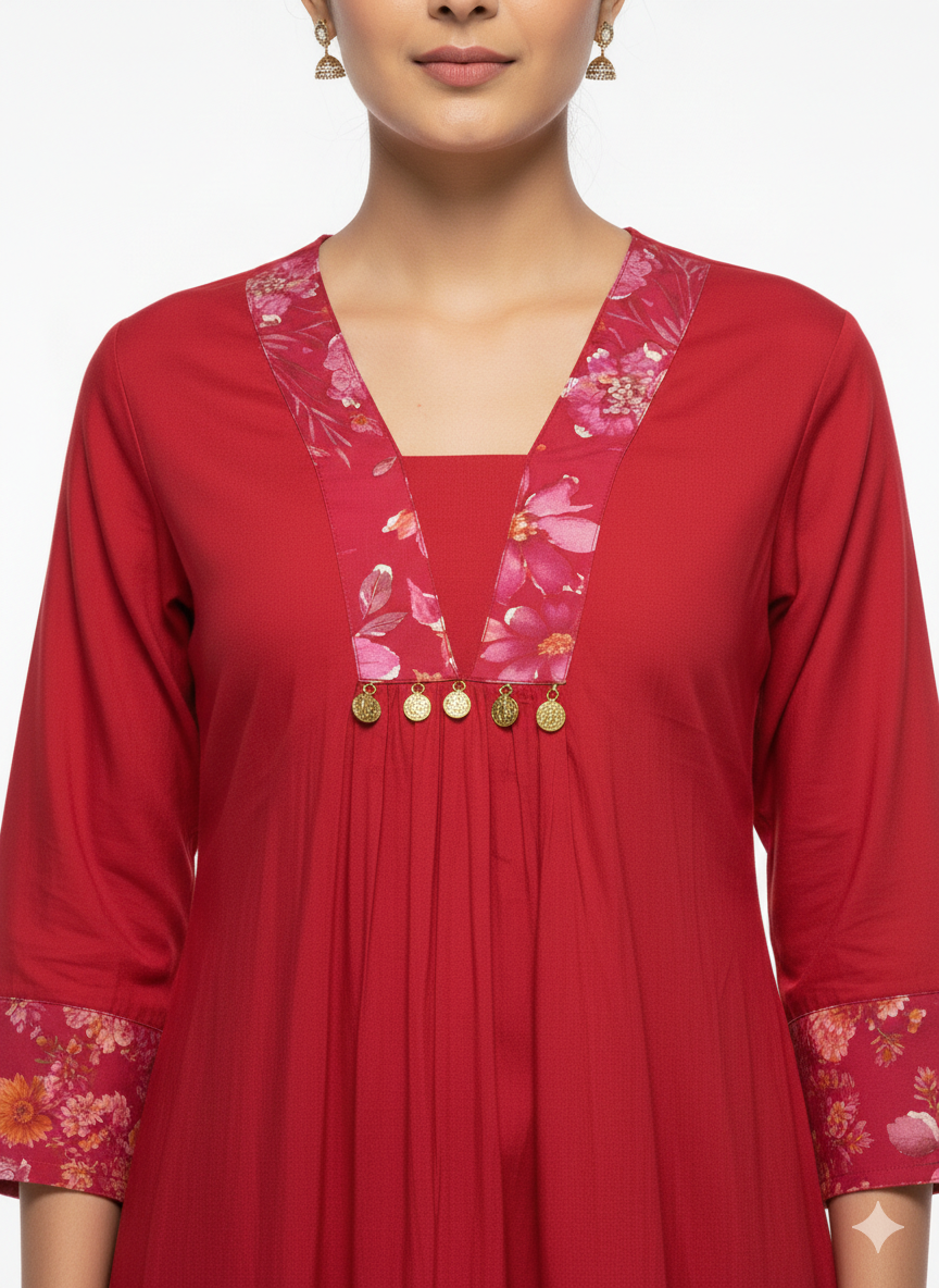 V- NECK RED DESIGNER KURTI