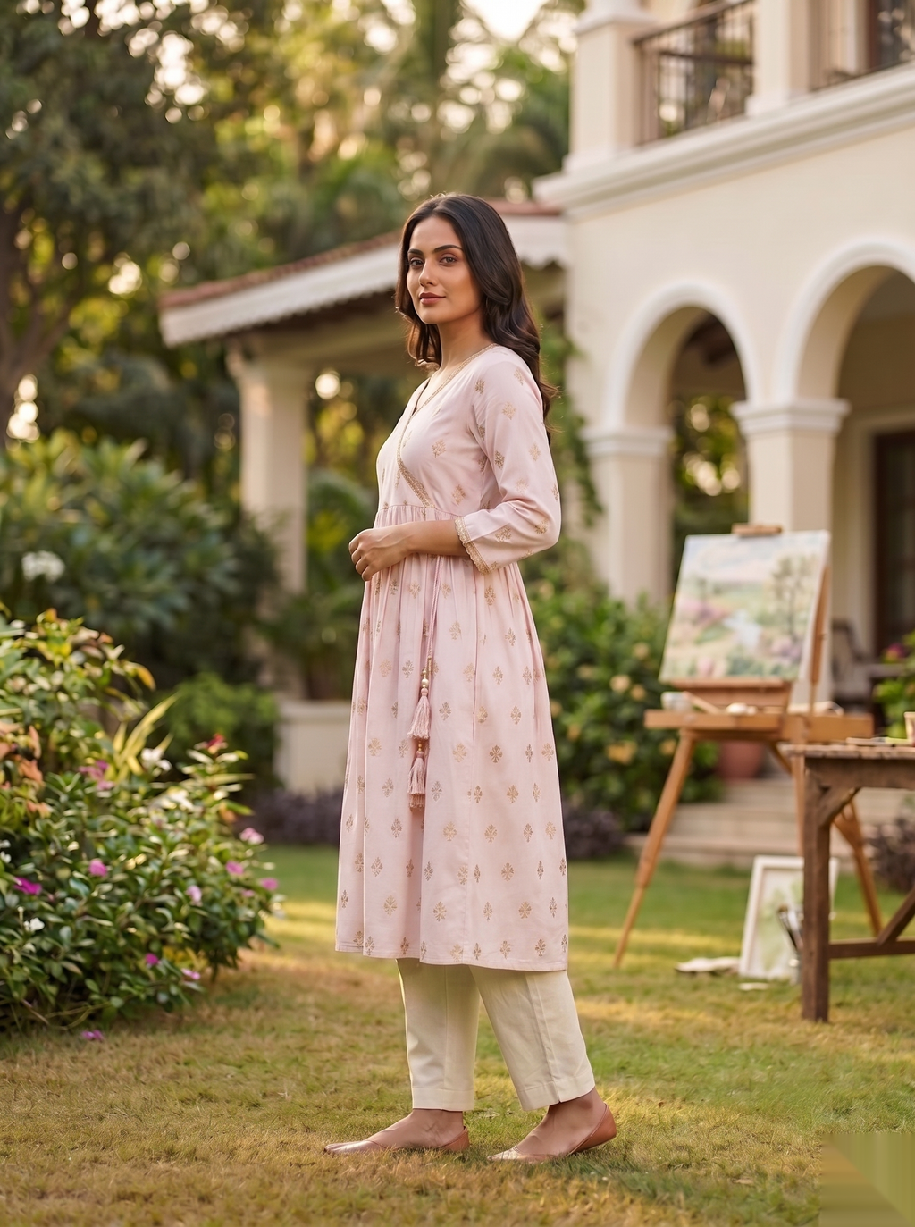 Cross Design Umberlla Kurti - Light pink