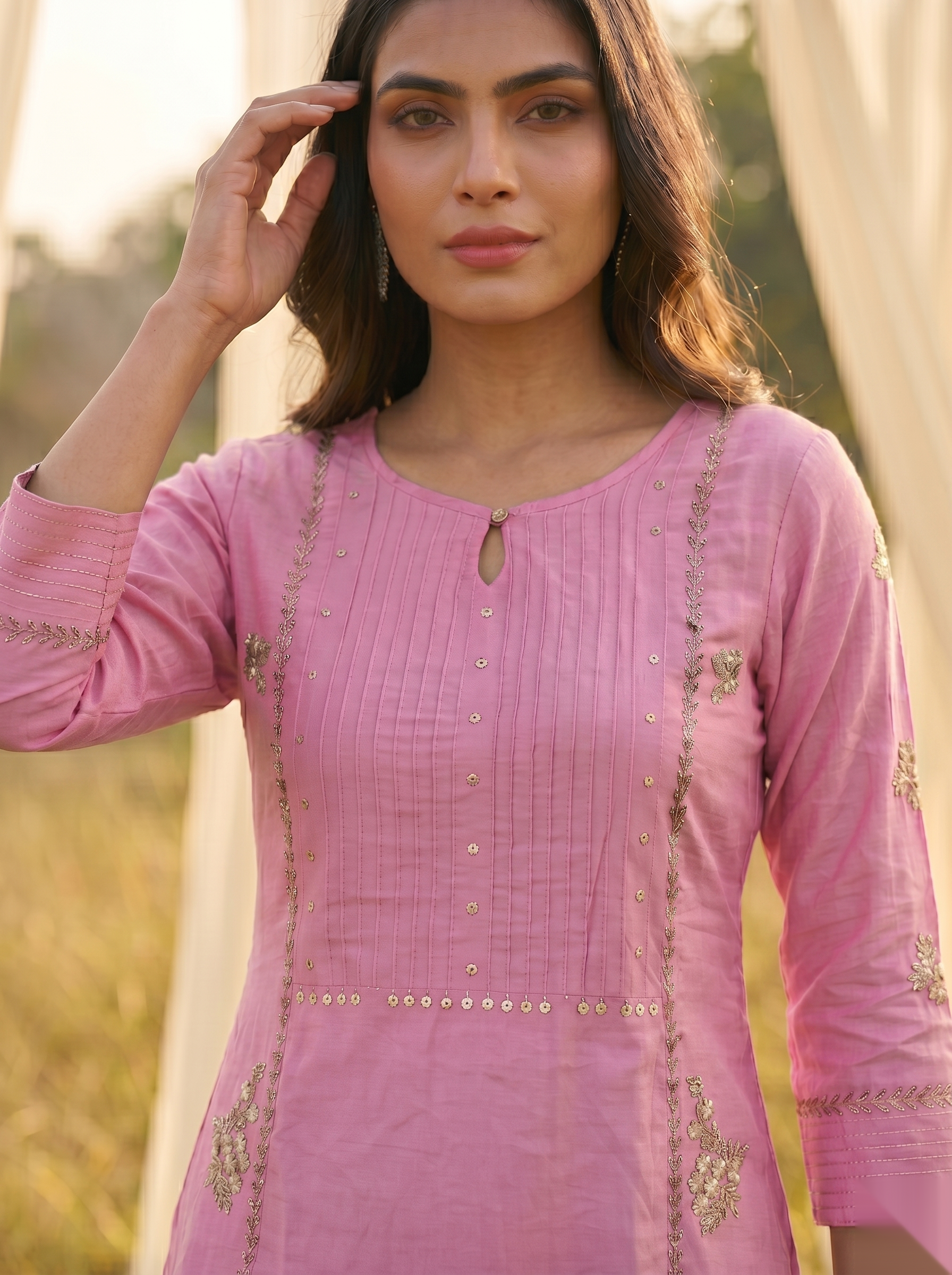 Floral Embroidered Kurti - Dark Pink