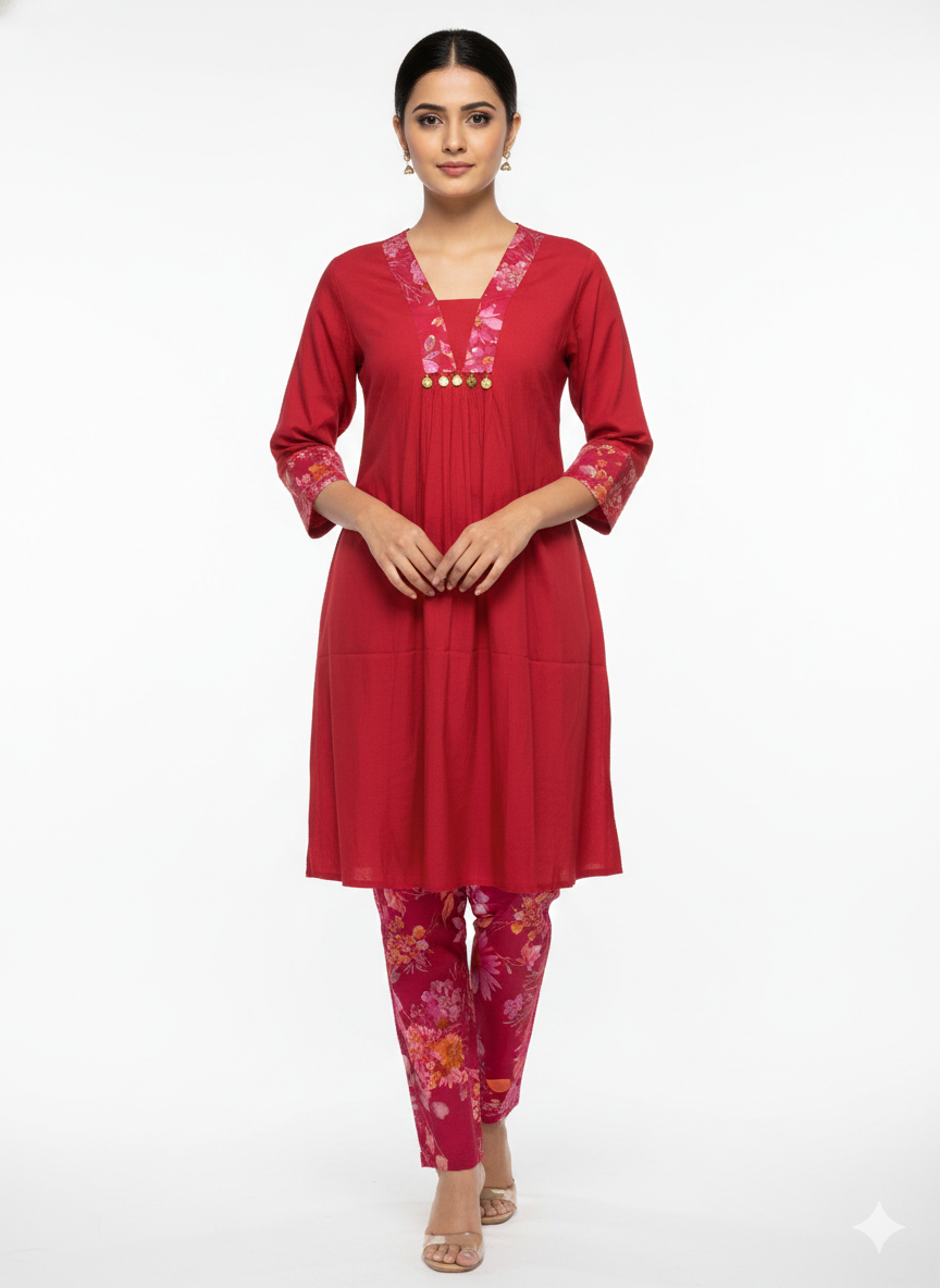 V- NECK RED DESIGNER KURTI