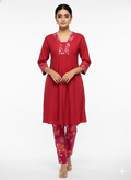 V- NECK RED DESIGNER KURTI