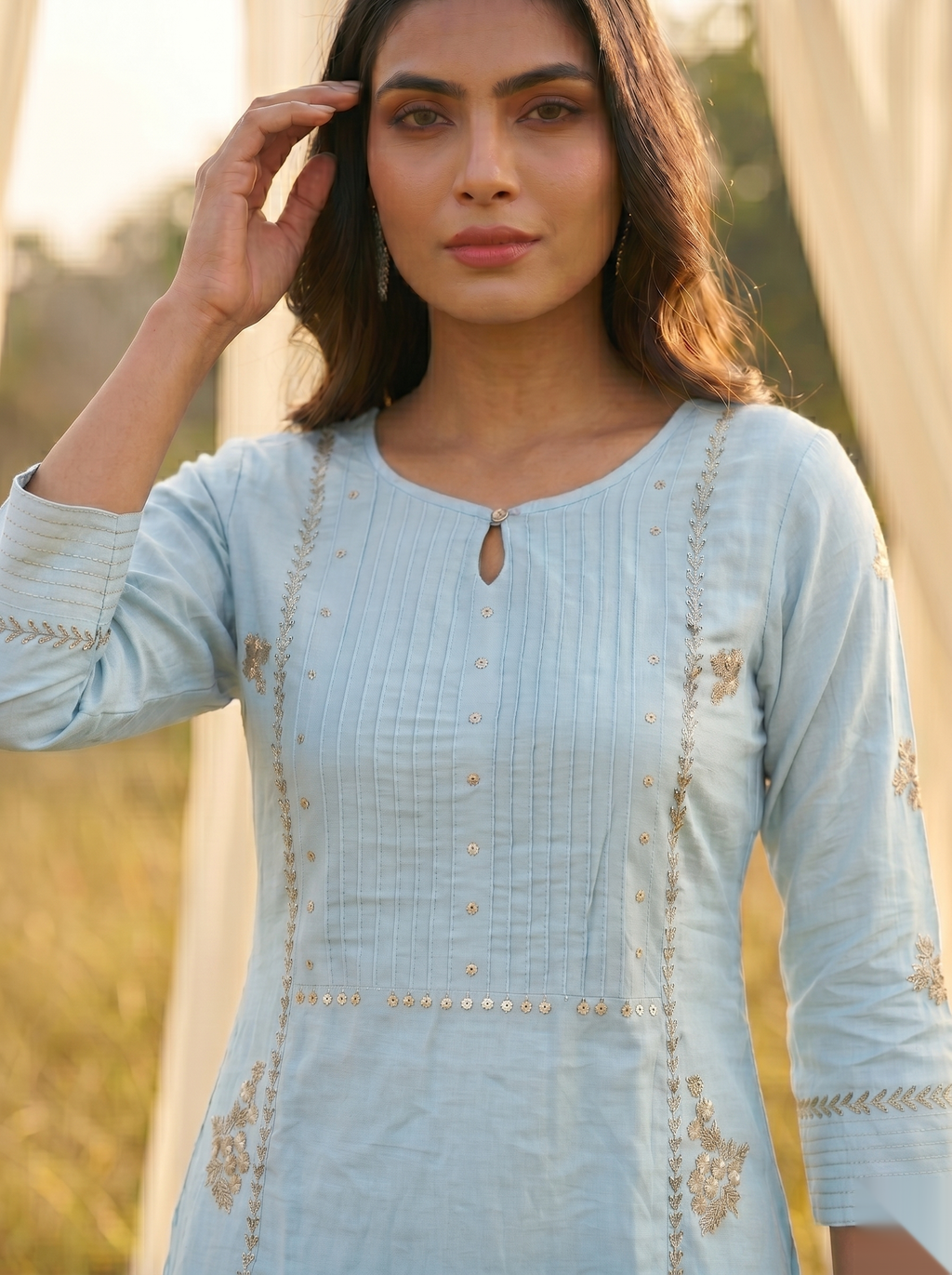 Floral Embroidered Kurti - Ocean Blue