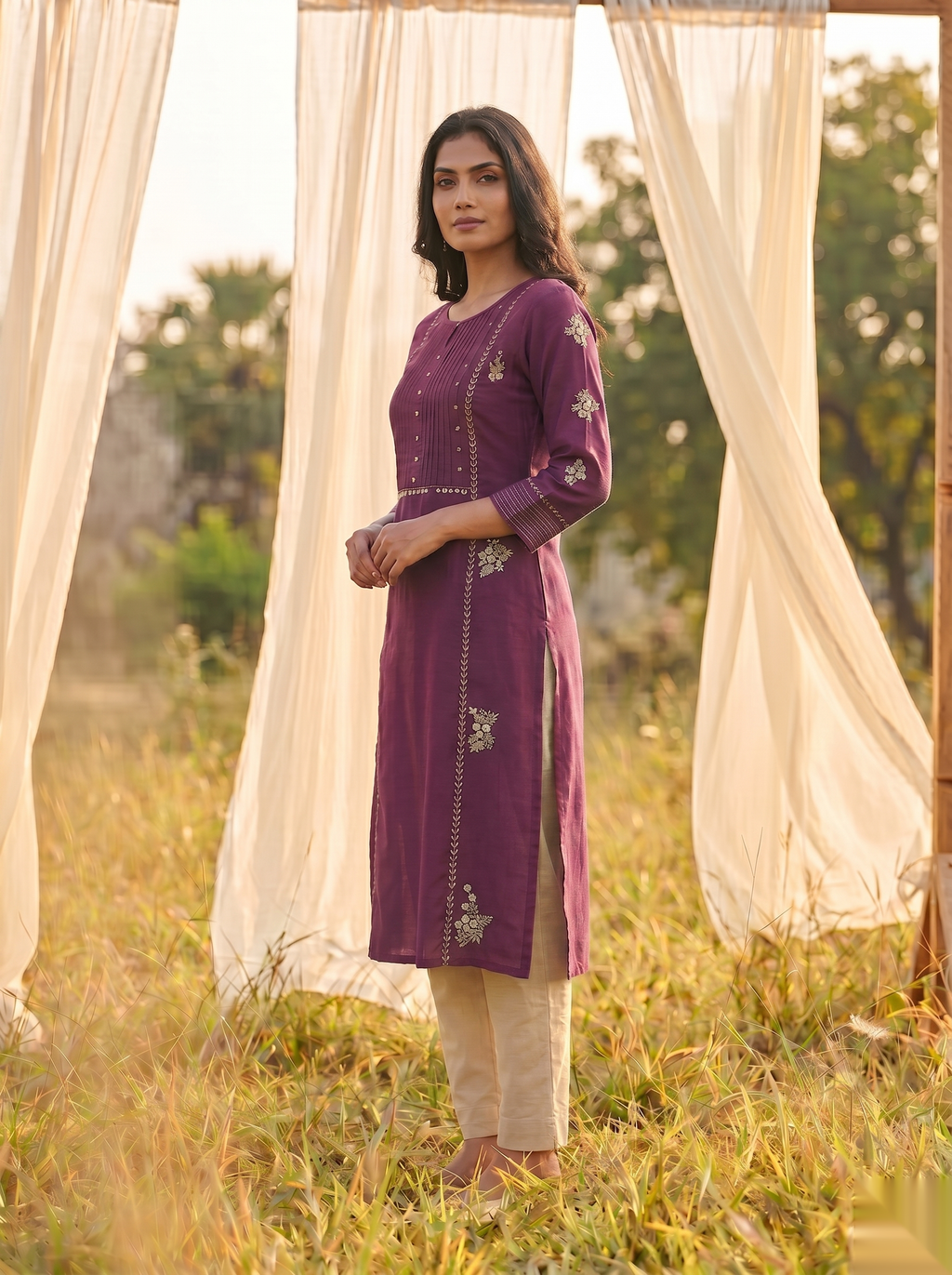 Floral Embroidered Kurti - Purple