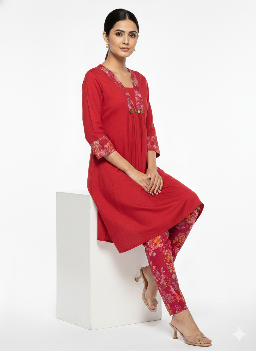 V- NECK RED DESIGNER KURTI