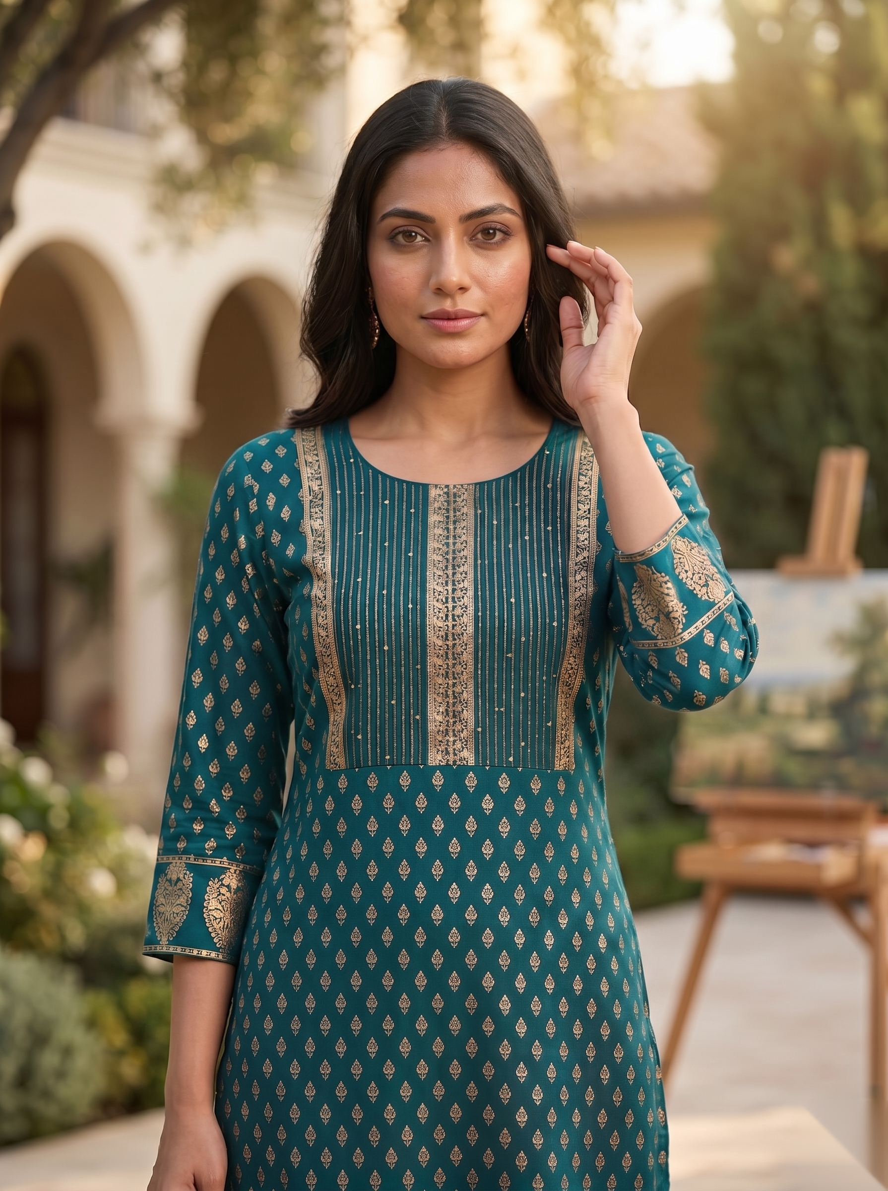 Golden Pattern kurti - Deep Green
