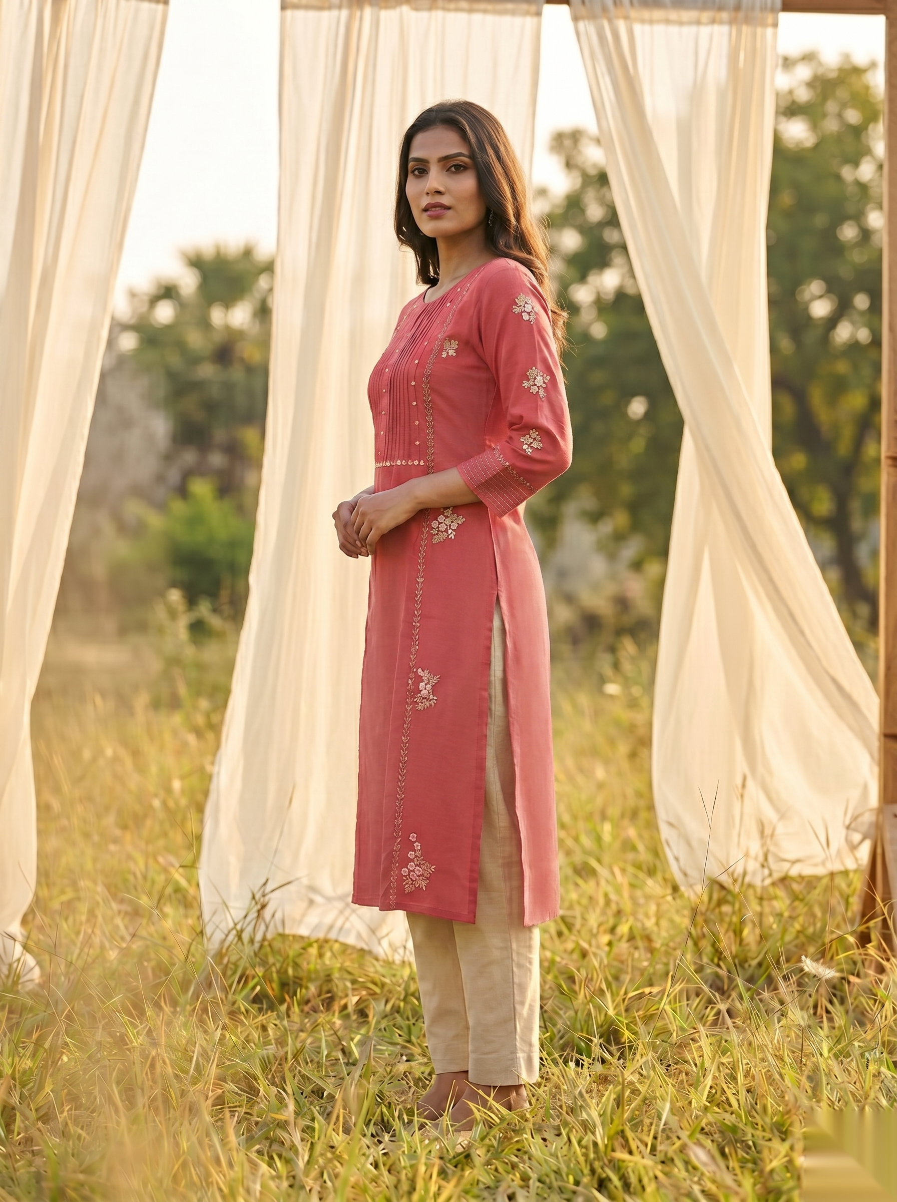 Floral Embroidered Kurti - Royal PInk