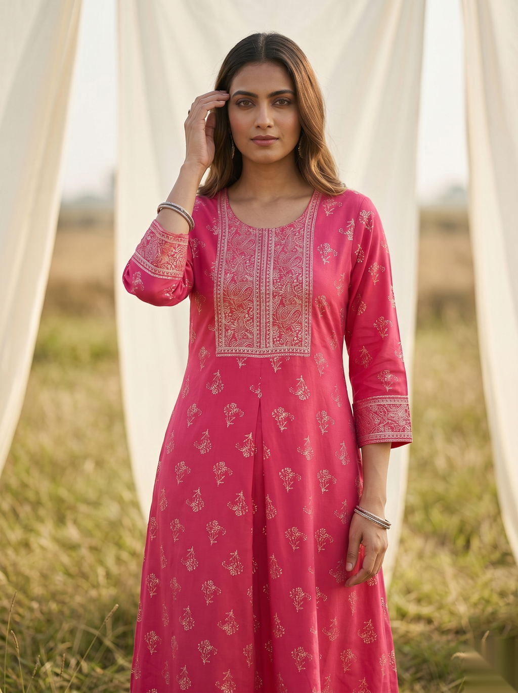 Elegent Umberlla kurti - Bright pink