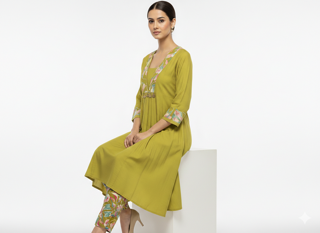 V- NECK GREEN DESIGNER KURTI