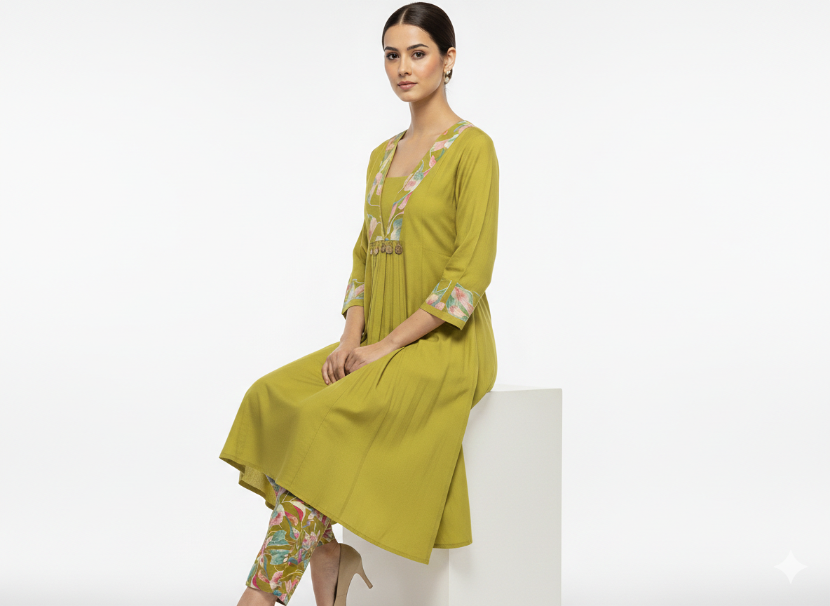 V- NECK GREEN DESIGNER KURTI