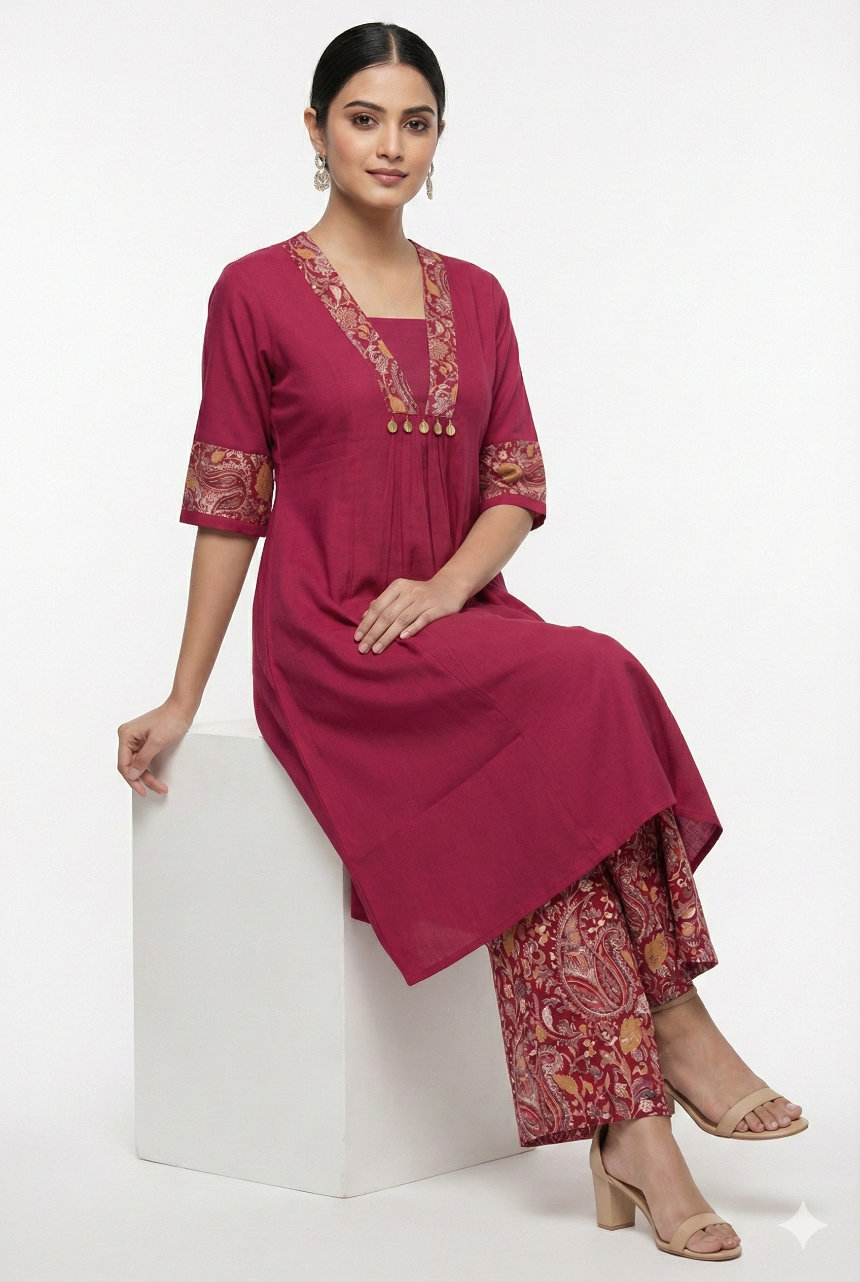 PINK V- NECK DESIGNER KURTI