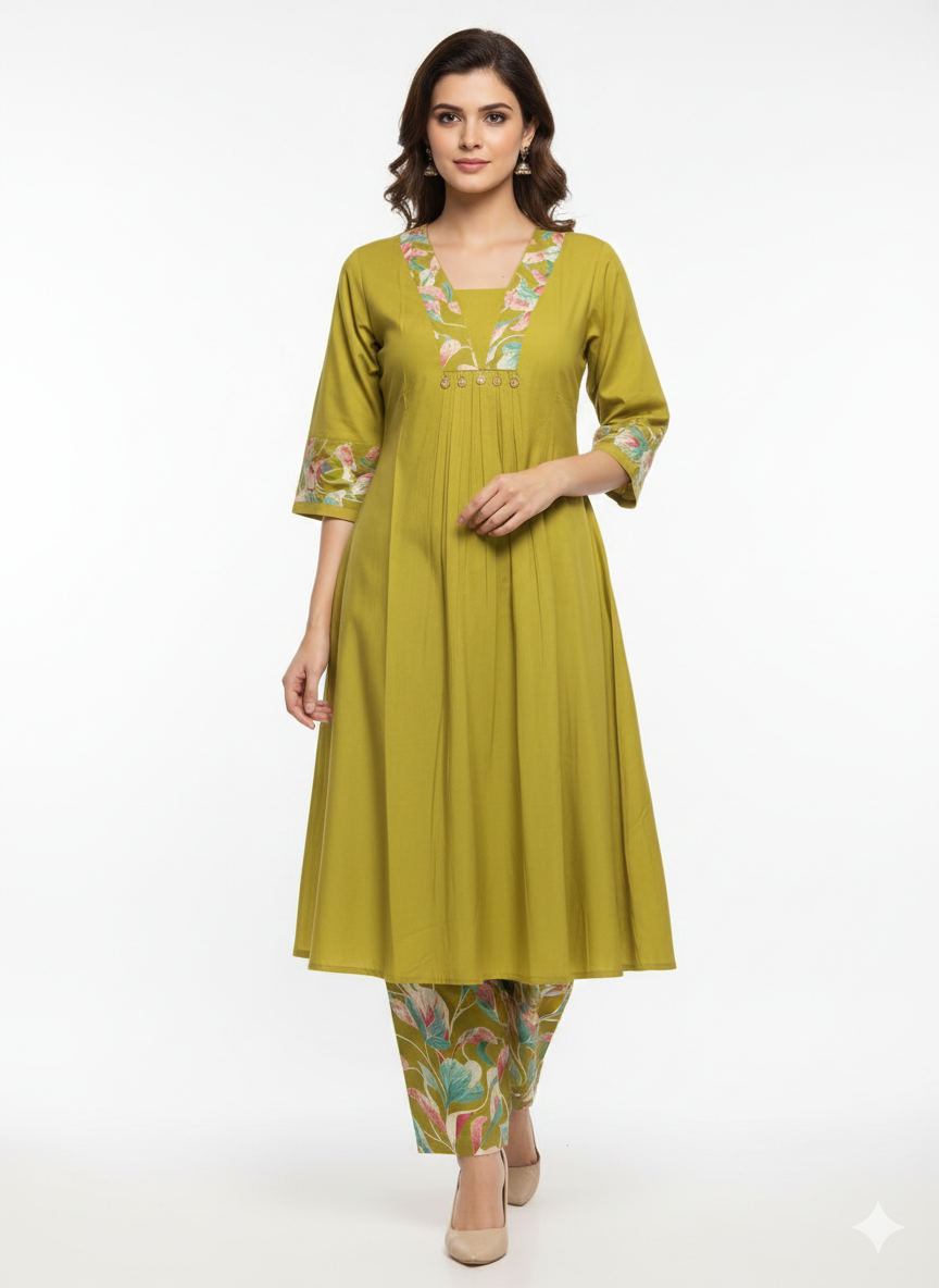 V- NECK MUSTARD DESIGNER KURTI