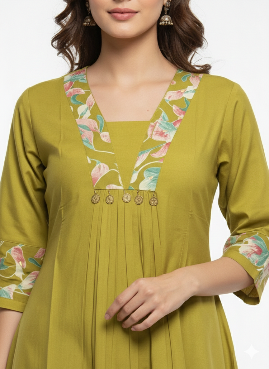 V- NECK MUSTARD DESIGNER KURTI