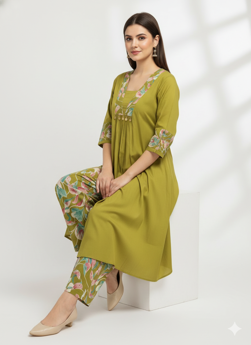 V- NECK MUSTARD DESIGNER KURTI