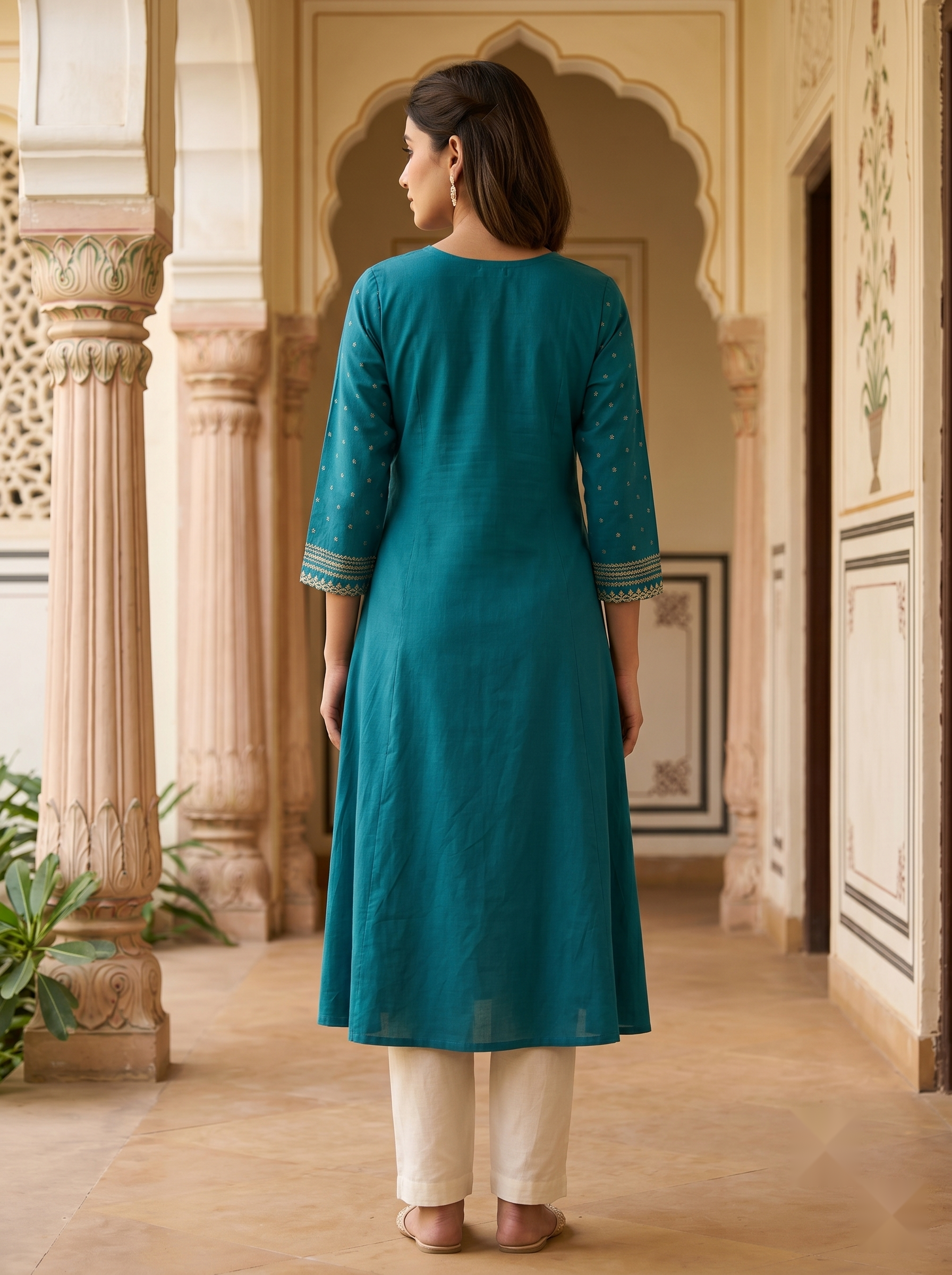 Designer Round Neck kurti - Royal Green - image 3