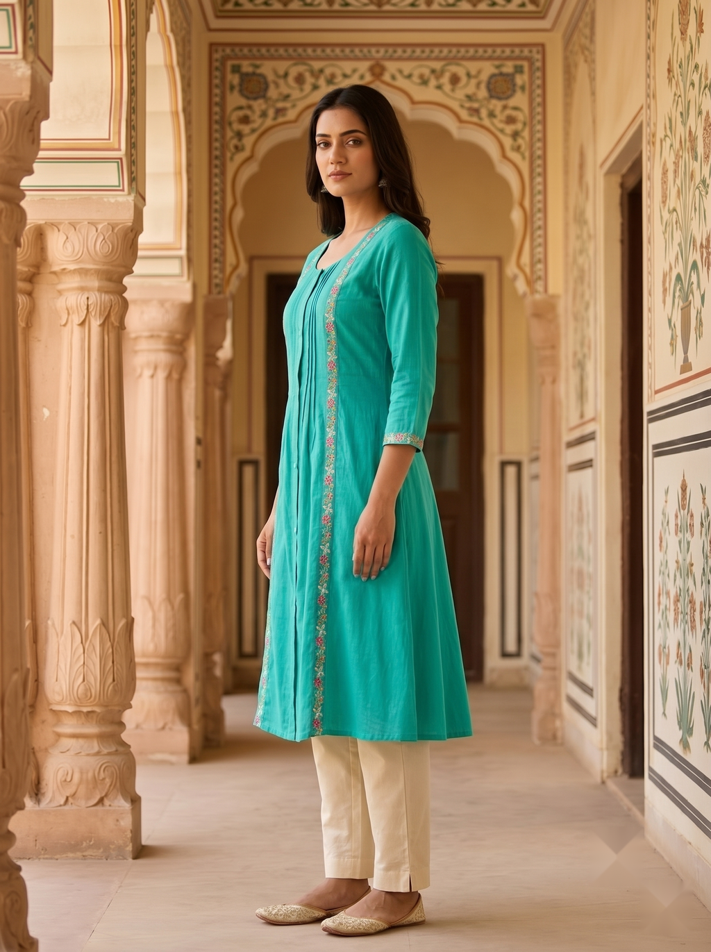 Flower Stripe Kurti - Ocean Green - image 2