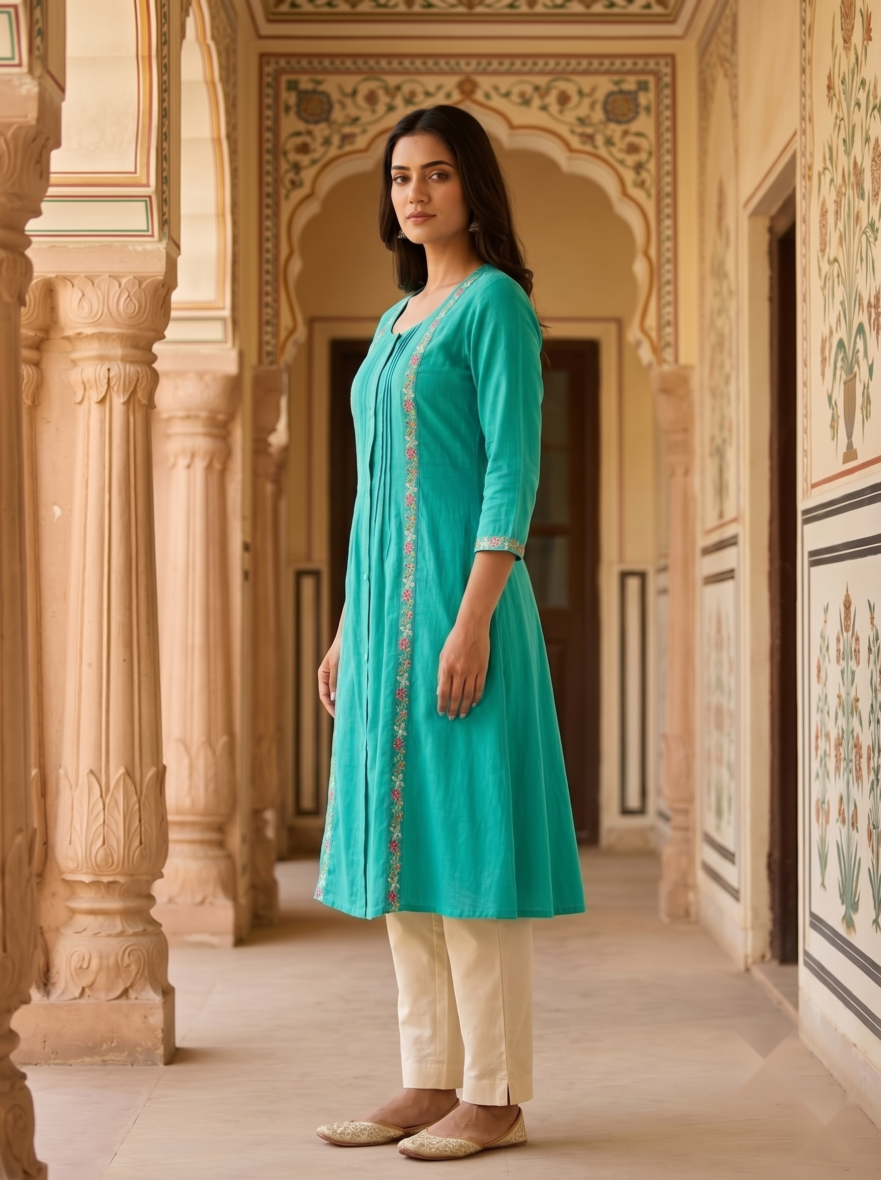 Flower Stripe Kurti - Ocean Green - image 2