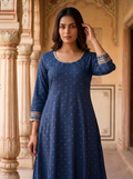 Designer Round Neck kurti - Dark Blue - image 3