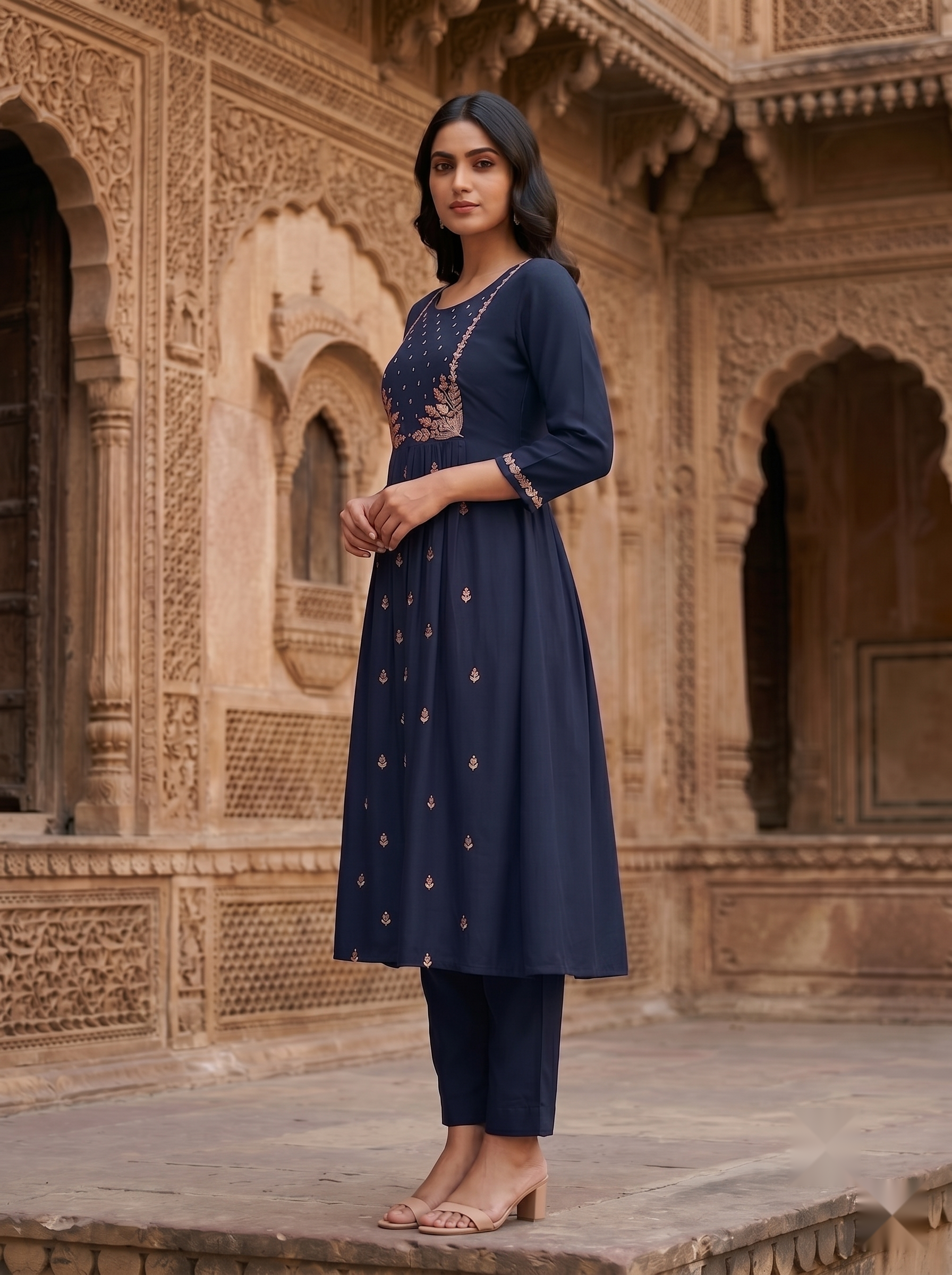 Flower Designer Kurti - Ink Blue - image 4
