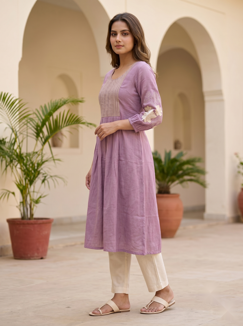 Hand Embroidery kurti - Lavender - image 4