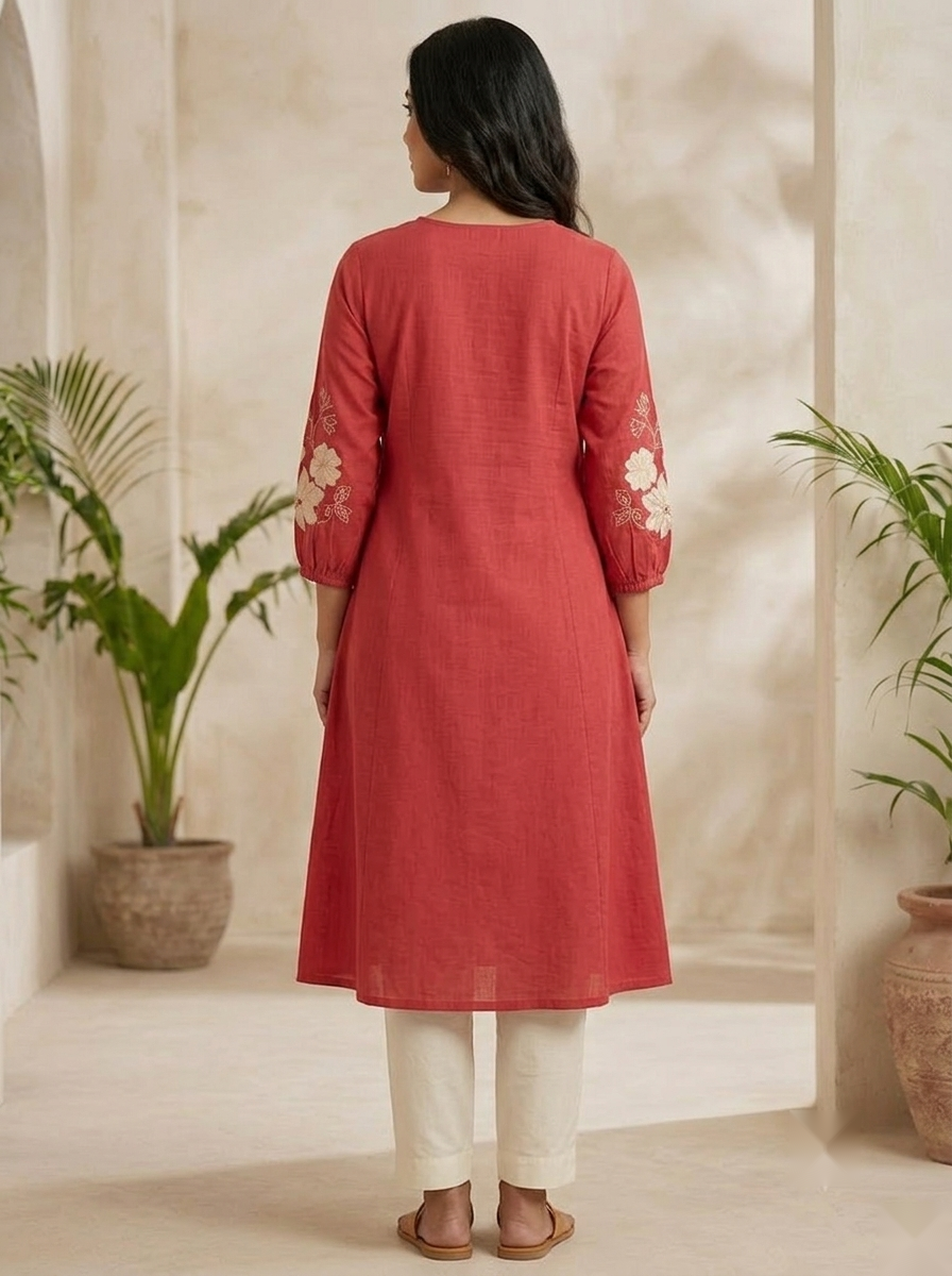 Hand Embroidery kurti - Dark Orange - image 1