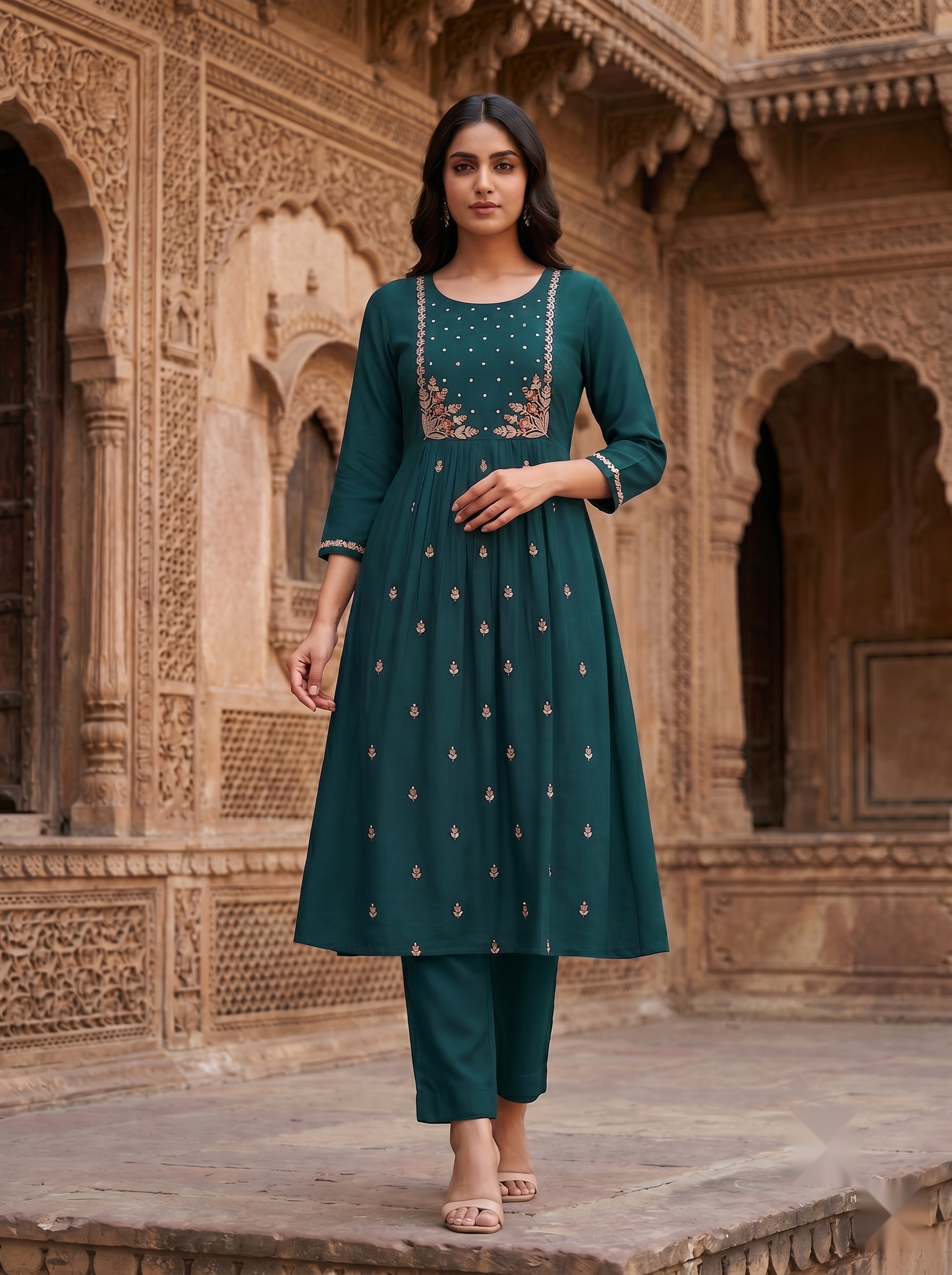 Flower Designer Kurti - Royal Green - image 2