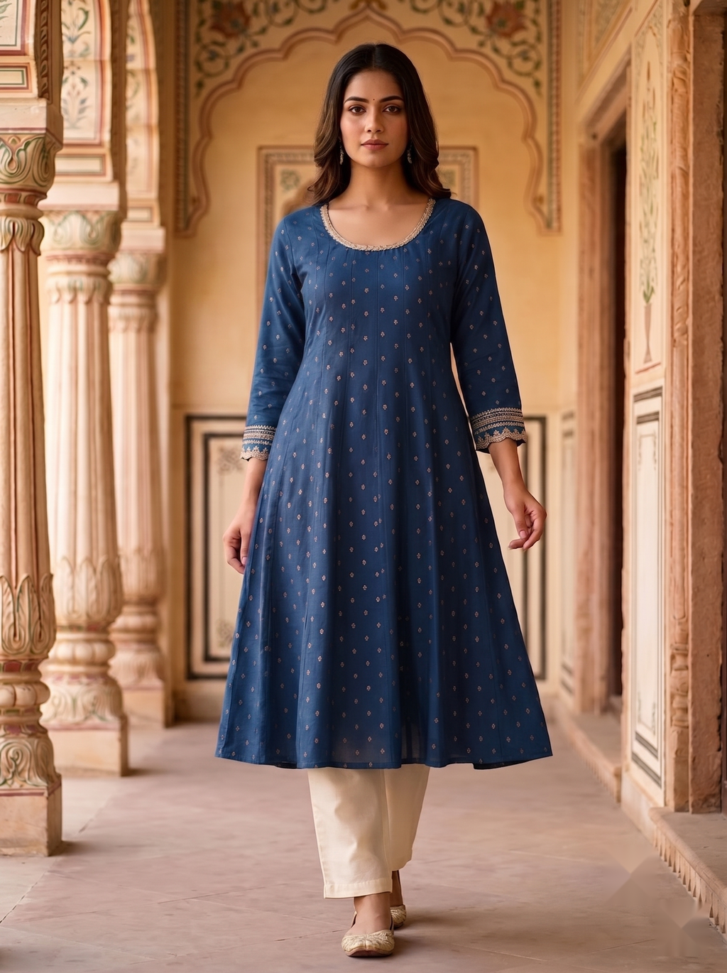 Designer Round Neck kurti - Dark Blue - image 2