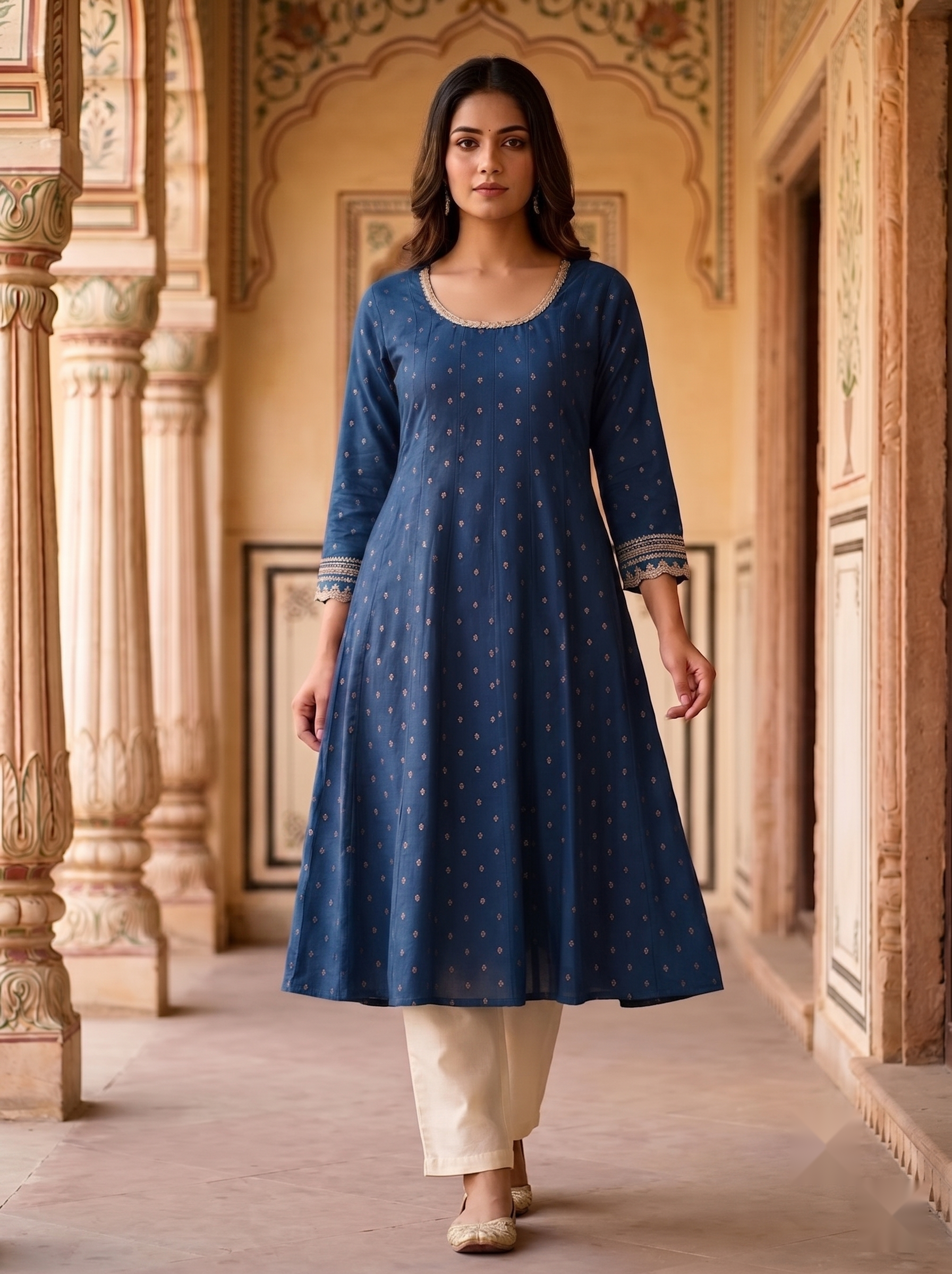 Designer Round Neck kurti - Dark Blue - image 2