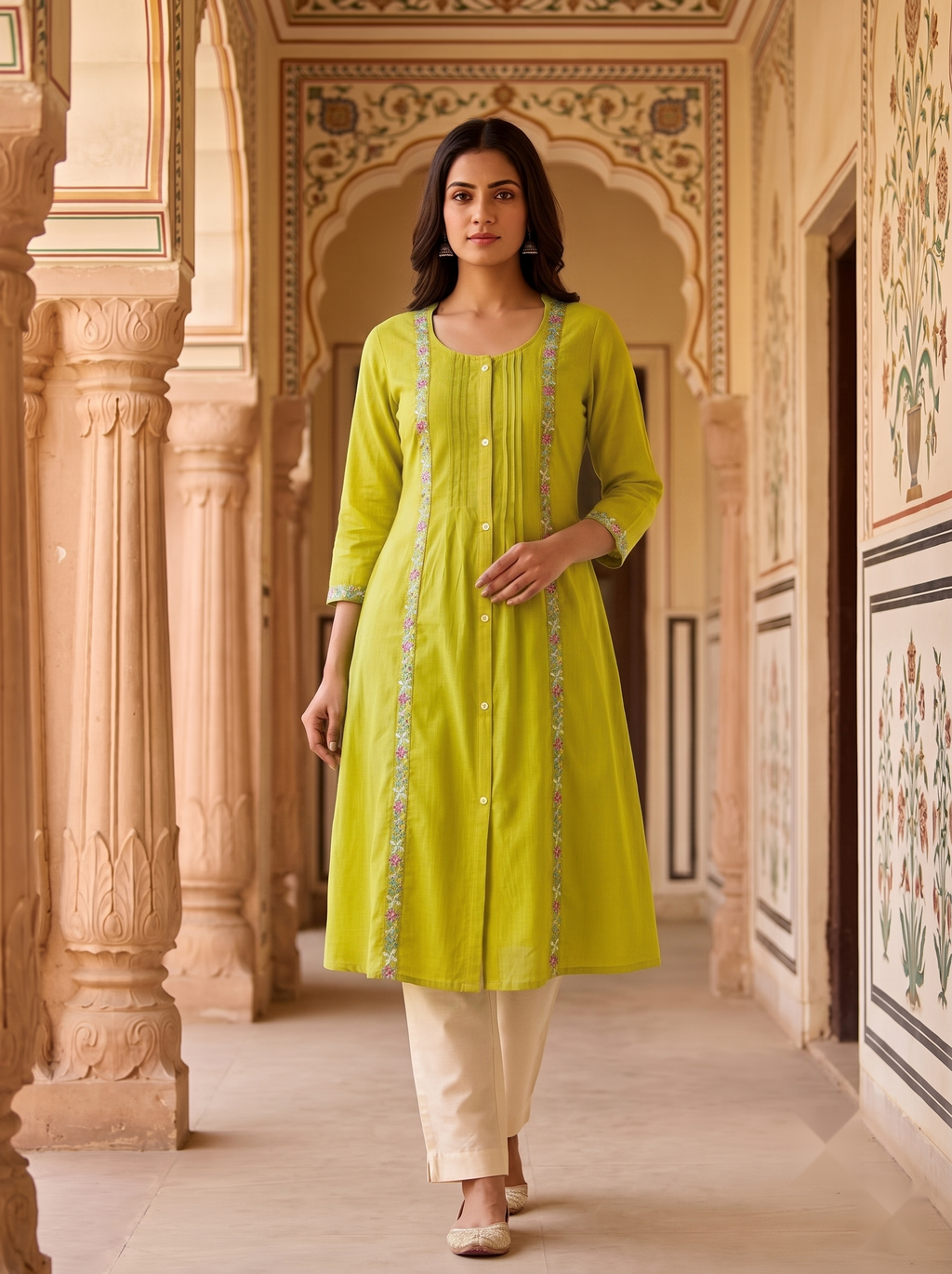 Flower Stripe Kurti - Yellow - image 1