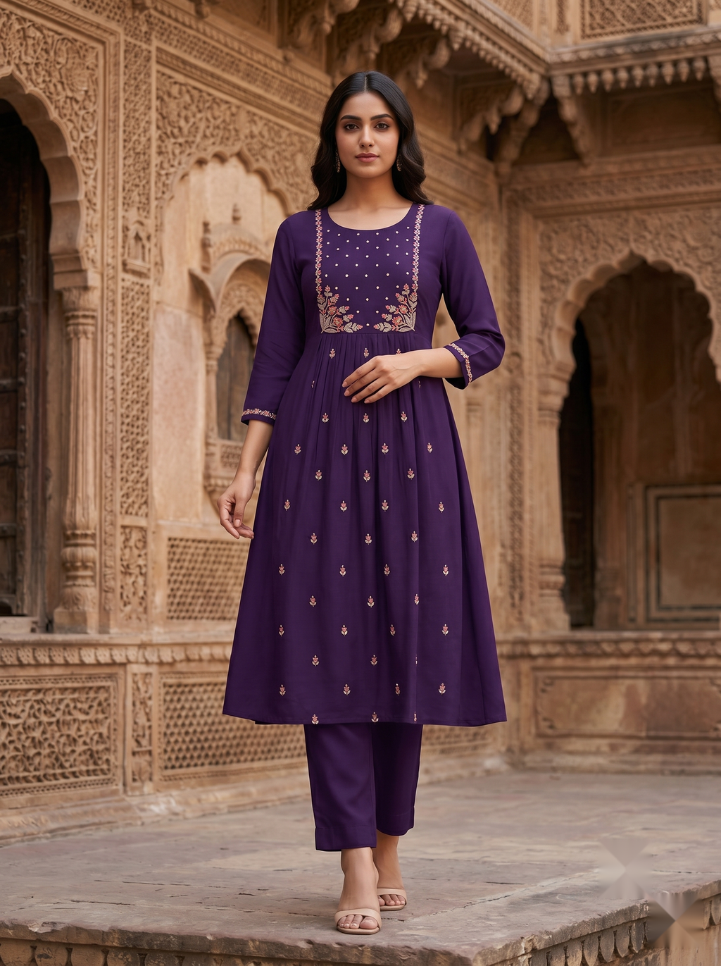 Flower Designer Kurti - Voilet - image 2