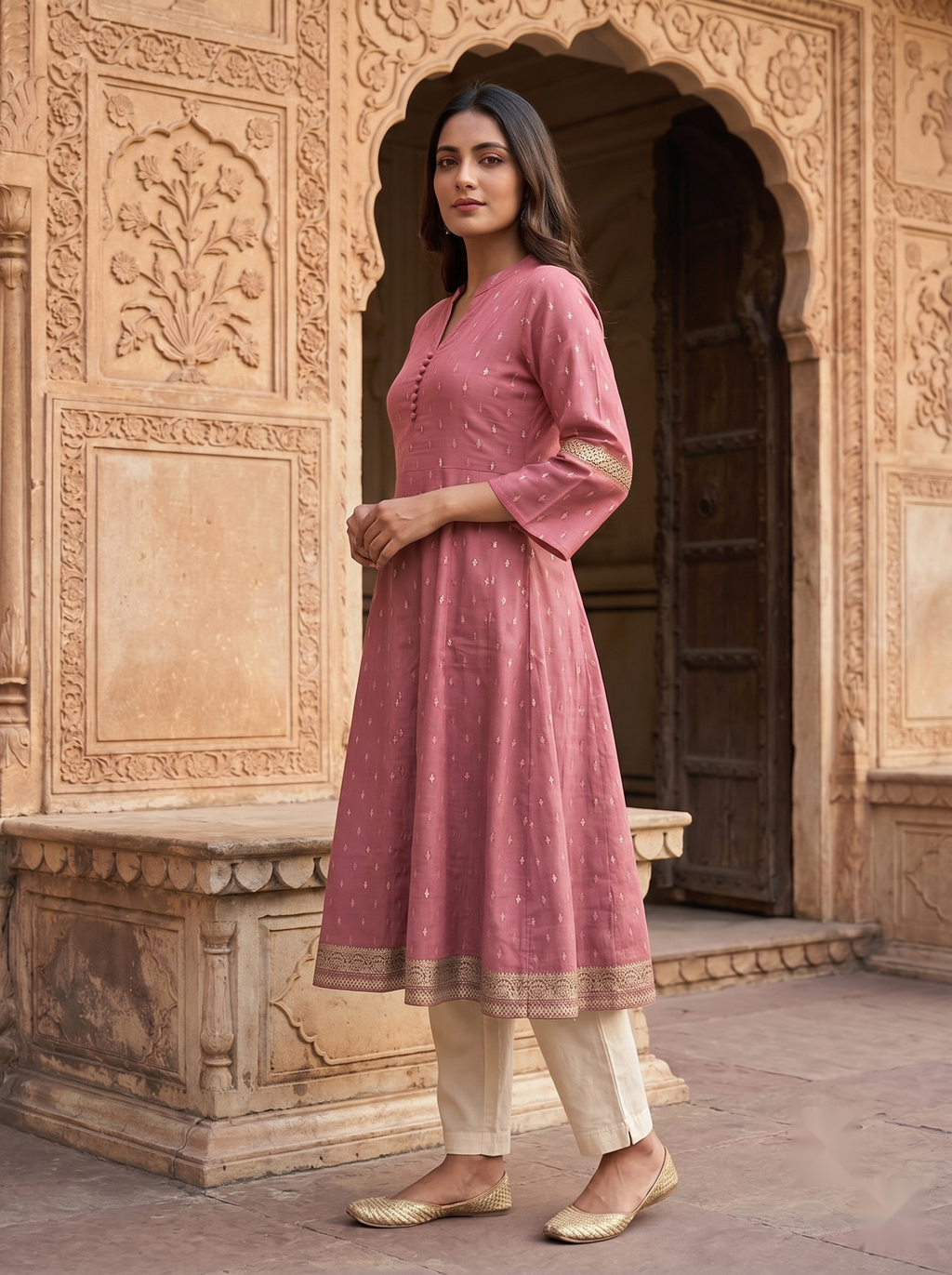 Chinese Collar Kutri - Peach Pink - image 3