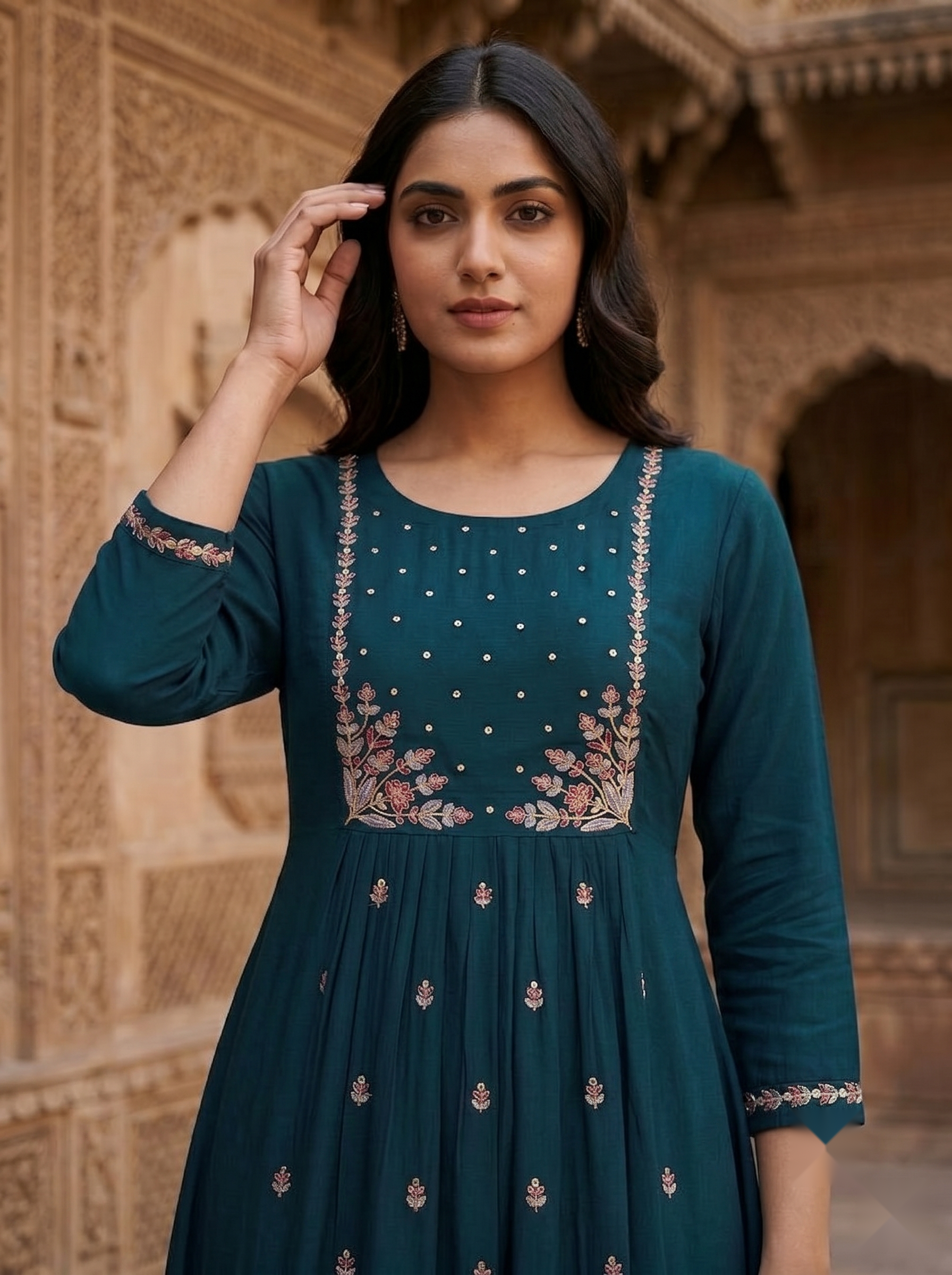 Flower Designer Kurti - Royal Green - image 1