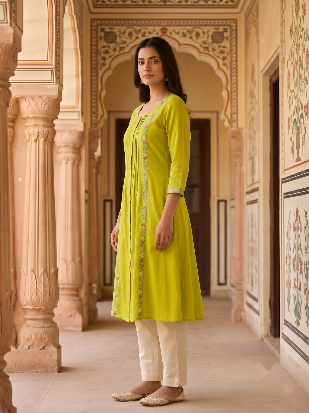 Flower Stripe Kurti - Yellow - image 4