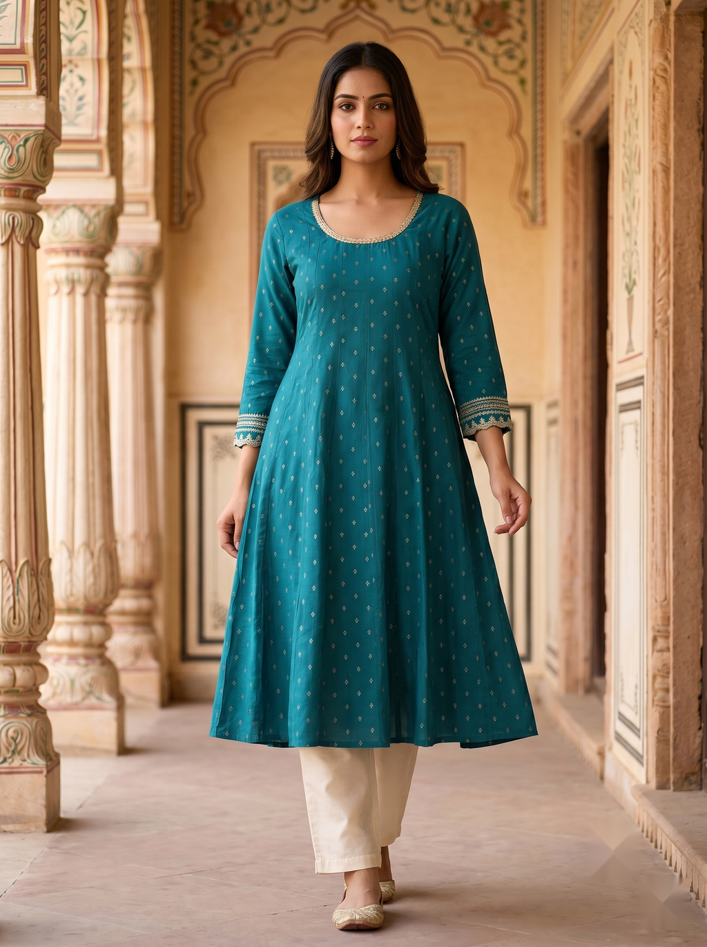 Designer Round Neck kurti - Royal Green - image 4
