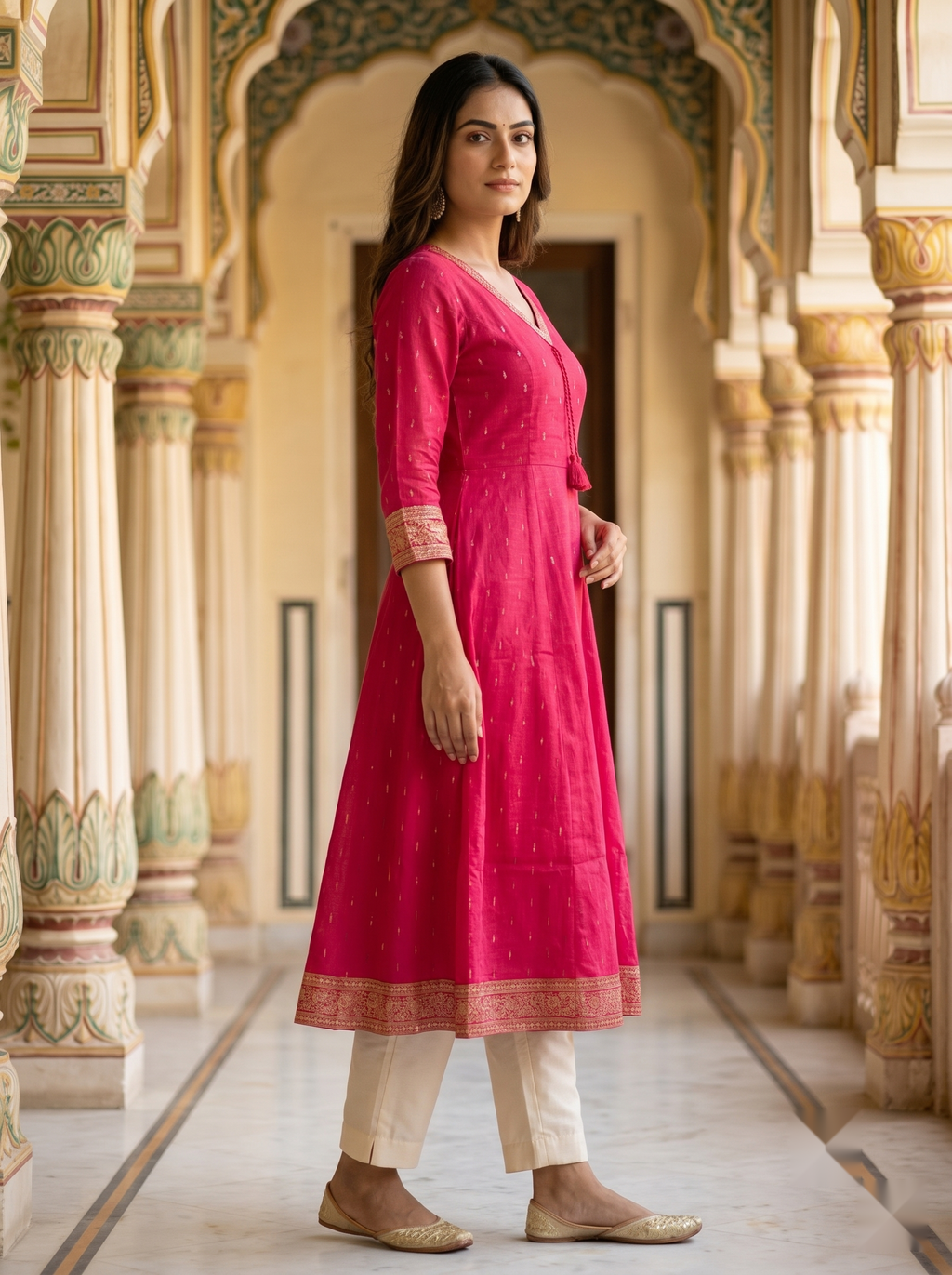 V Neck Kurtis - Dark Pink - image 1