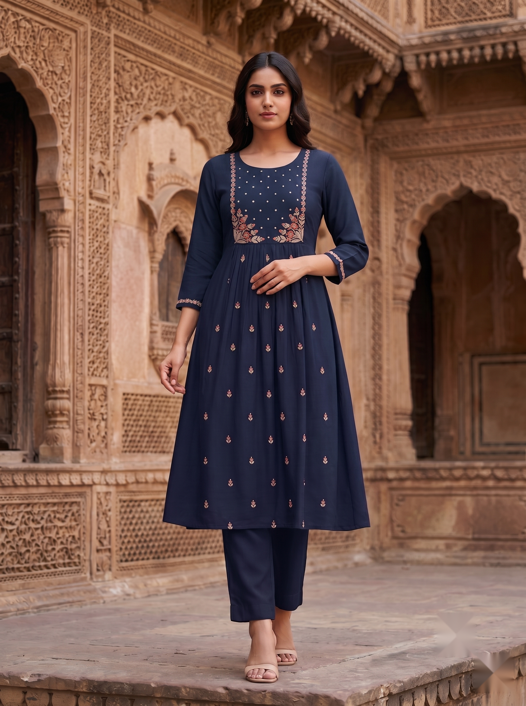Flower Designer Kurti - Ink Blue - image 3