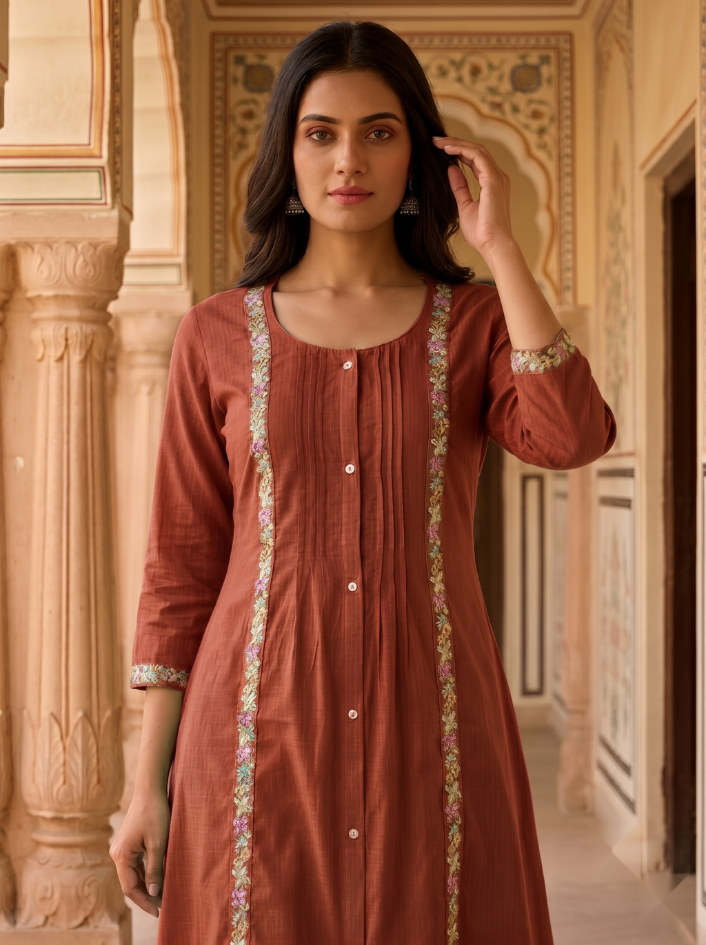 Flower Stripe Kurti - Brown - image 2