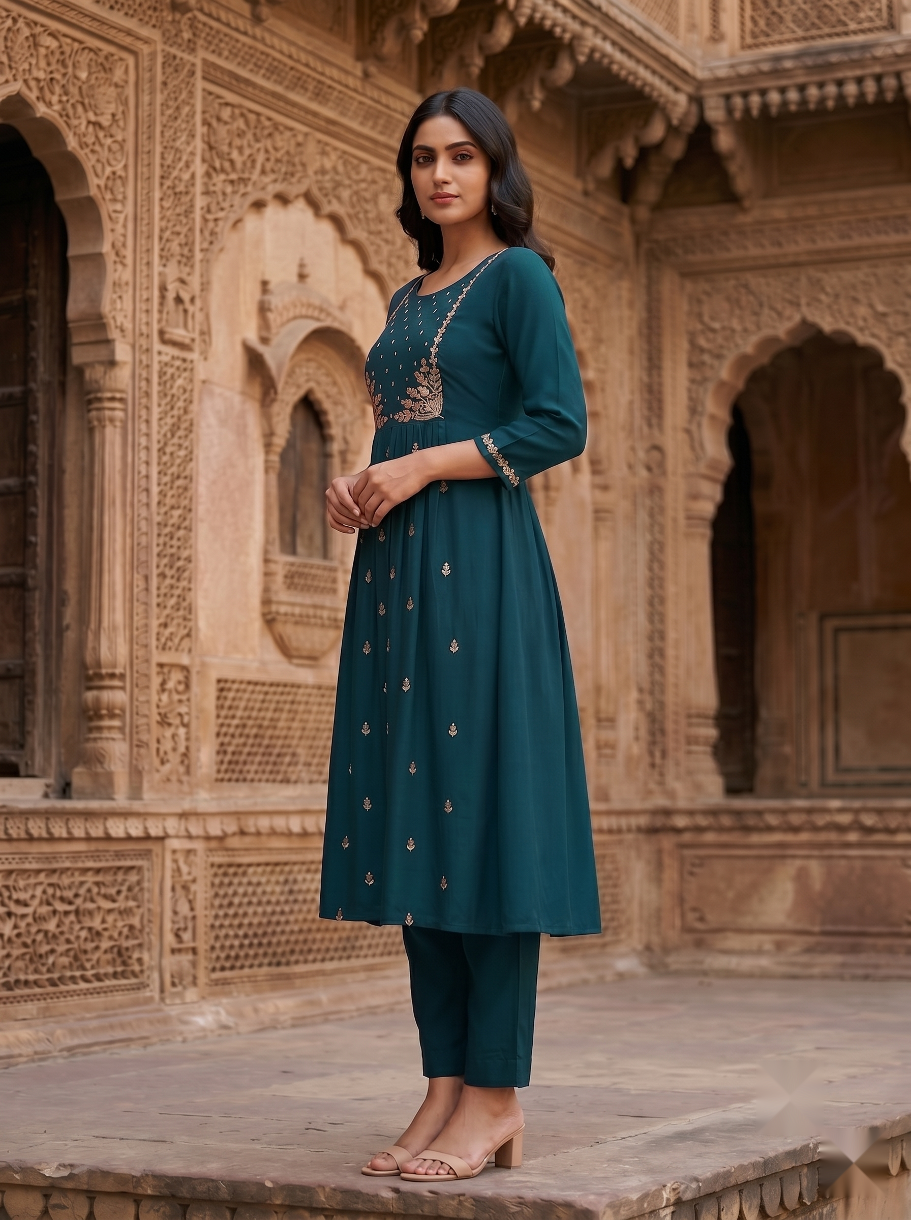 Flower Designer Kurti - Royal Green - image 3