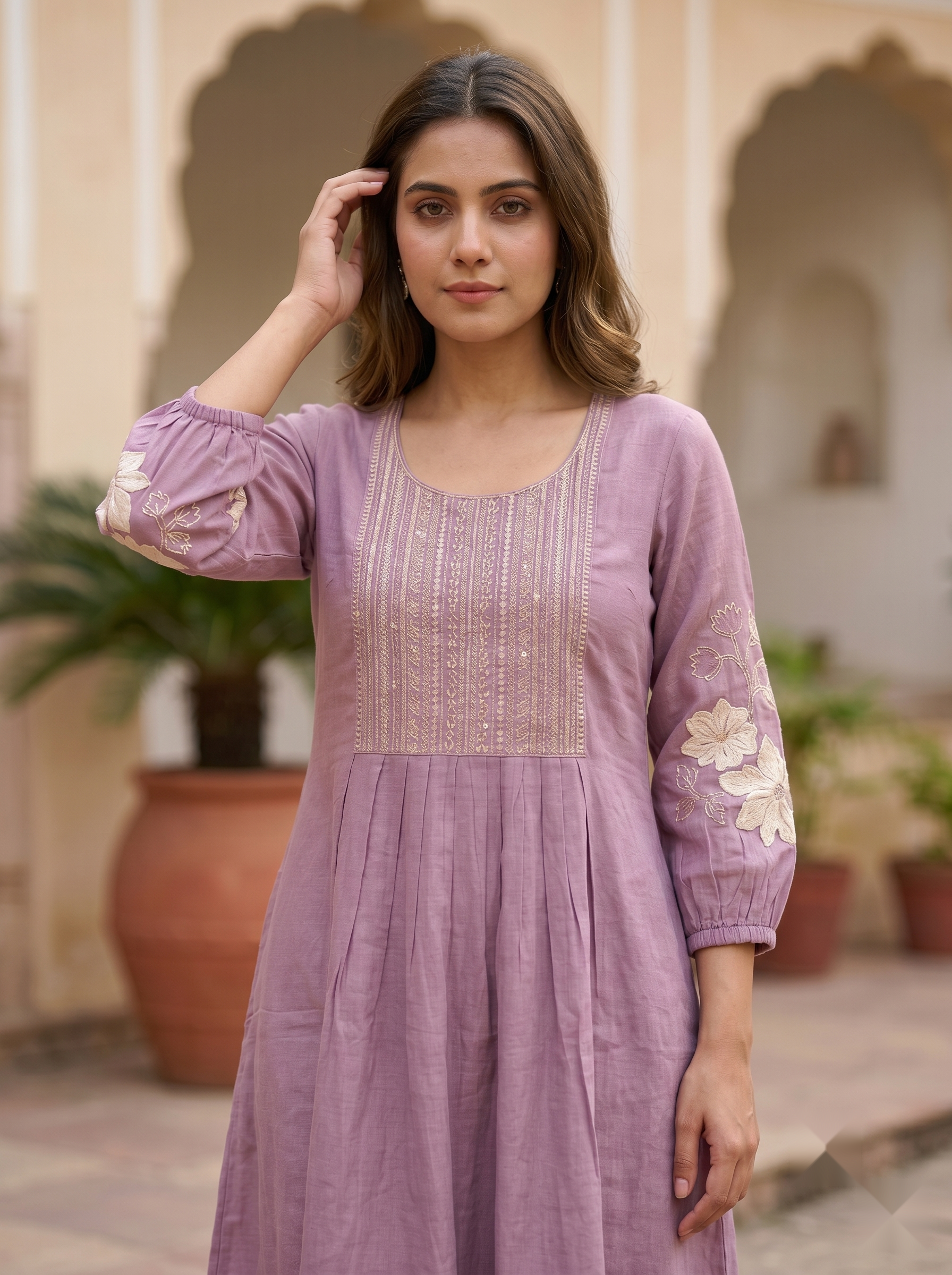 Hand Embroidery kurti - Lavender - image 3