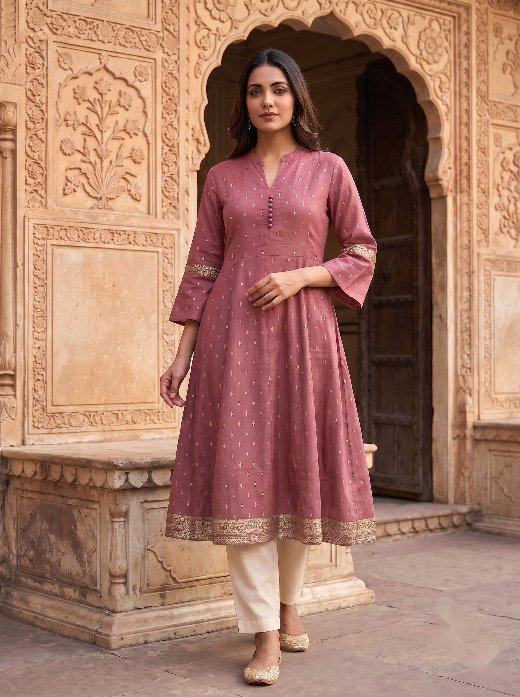 Chinese Collar Kutri - Peach Pink - image 2