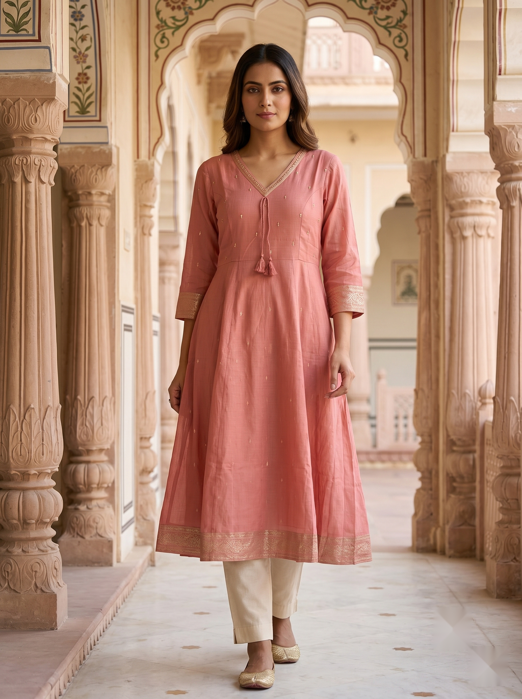V Neck Kurtis - Peach - image 3