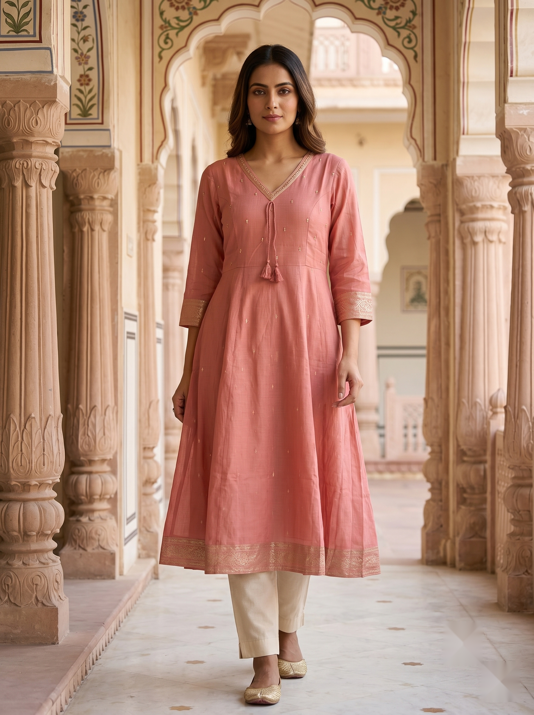 V Neck Kurtis - Peach - image 3