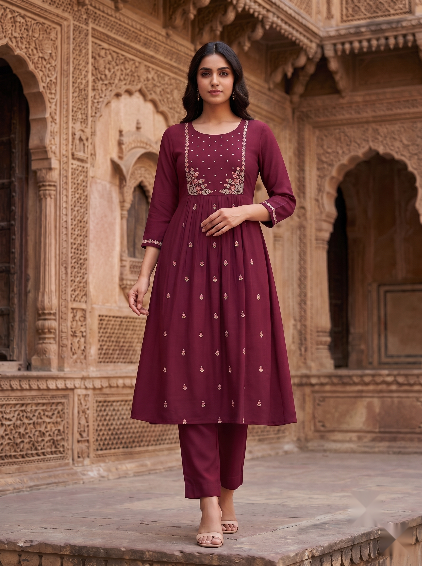 Flower Designer Kurti - Maroon - image 3