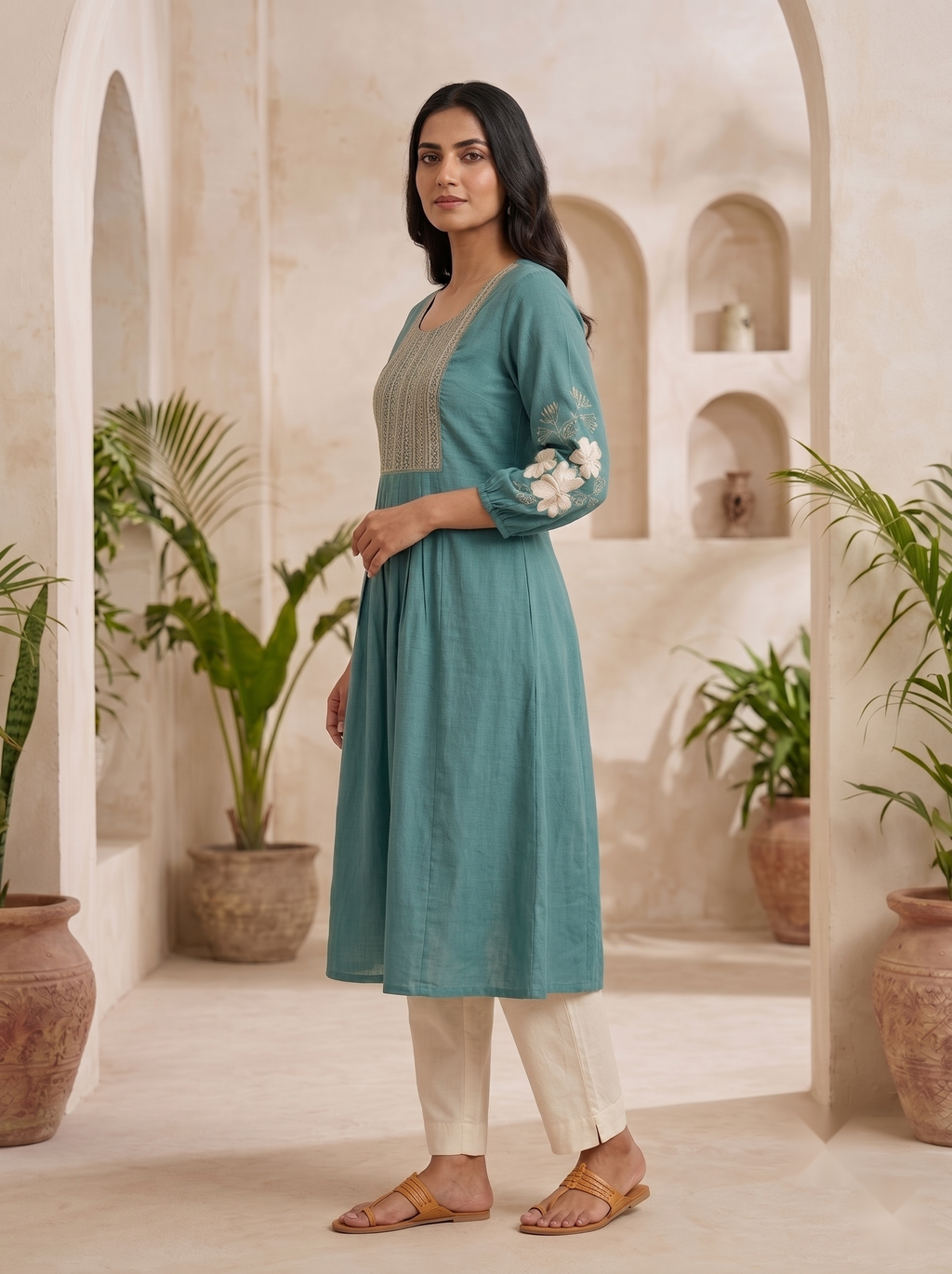 Hand Embroidery kurti - Dull green - image 3